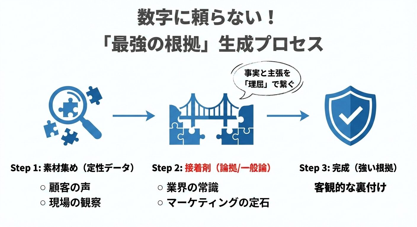 数値データがない場合に、定性データ（事実）と論拠（一般論）を組み合わせて説得力のある根拠を作る3ステップの図解。