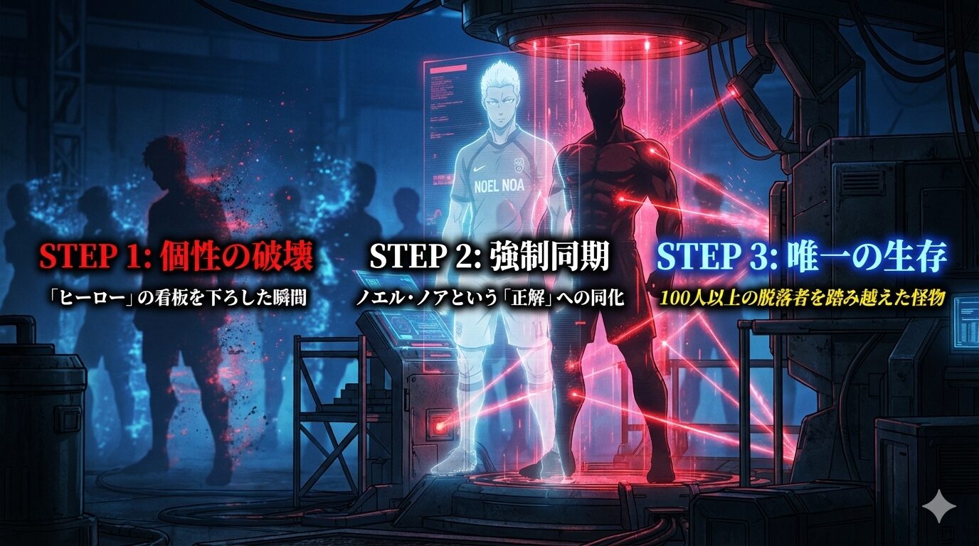 エンティティ関係図：國神錬介（Entity A）が士道龍聖に敗北し「ヒーロー」のアイデンティティを破壊されたことが原因となり、ワイルドカードという環境下でノエル・ノア（Entity B）の肉体と強制同期させられた結果、唯一の生存者（怪物）として再誕したプロセスを示すフロー図。