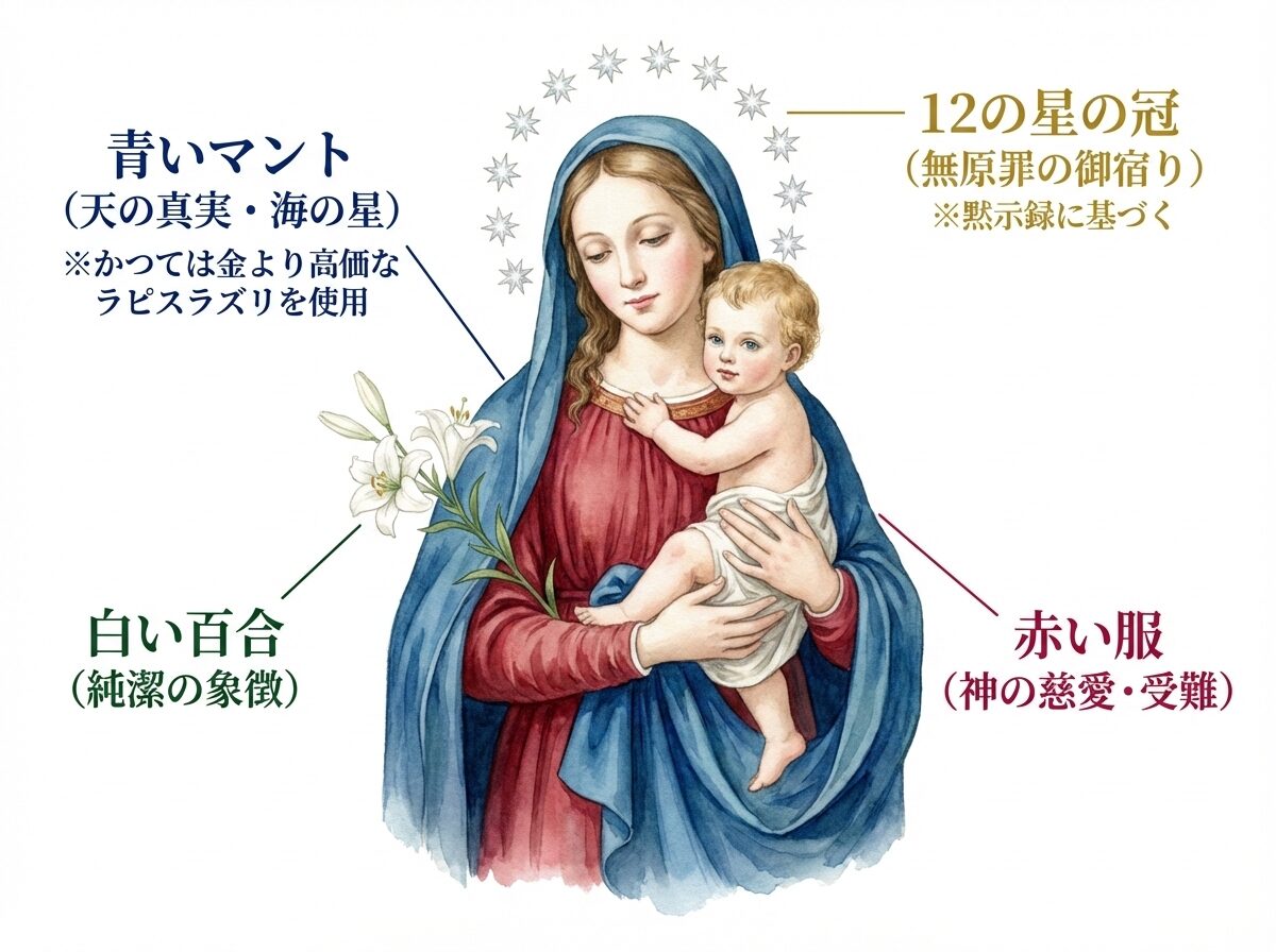 聖母マリアのアトリビュート（象徴）を解説した図解。青いマントは「天の真実」、白い百合は「純潔」、12の星の冠は「無原罪の御宿り」を象徴しており、それぞれの意味が視覚的に示されている。
