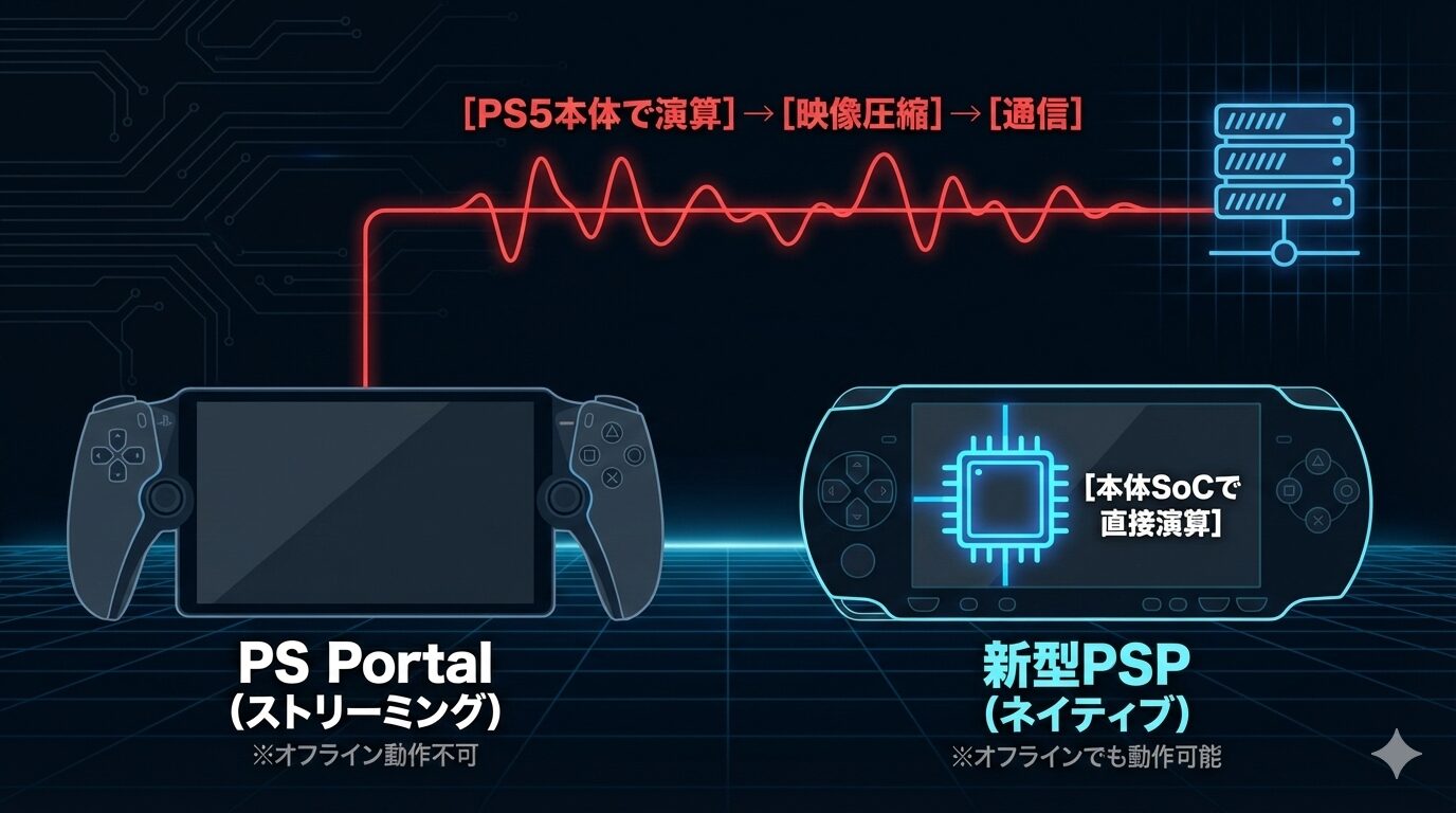 PlayStation Portal（リモート専用機）と新型PSP（スタンドアロン機）の処理構造の比較図。Portalは外部サーバー（PS5）との通信により遅延が発生するのに対し、新型PSPは内蔵されたAMD Z2 Extremeチップで直接演算を行うため、低遅延かつオフラインでのネイティブ動作が可能であることを示している。