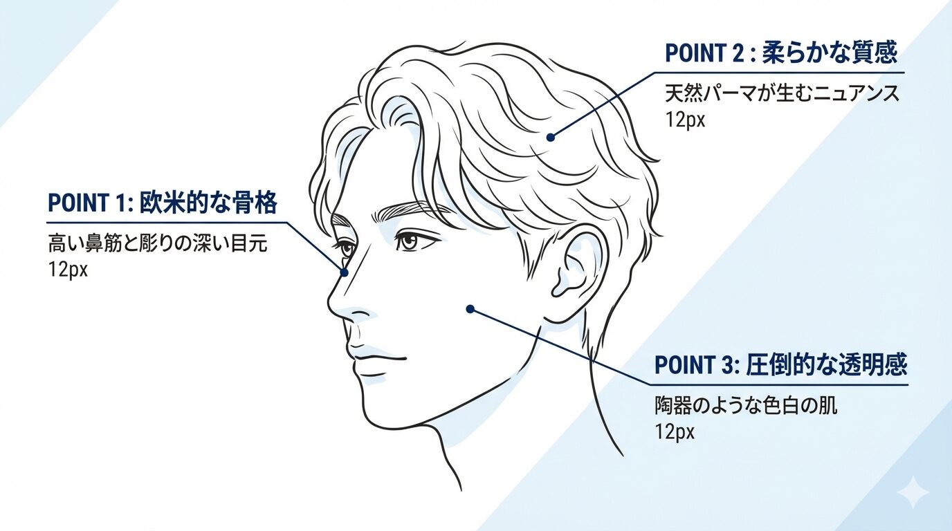 岡田将生が純日本人でありながらハーフに見える理由を視覚化したインフォグラフィック。エンティティ「ハーフ顔の特徴（高鼻・色白・天然パーマ）」が、どのように「岡田将生」という個人のビジュアルを構成し、結果として「ハーフ説」という誤解（原因と結果の関係）を生んでいるかを解説しています。