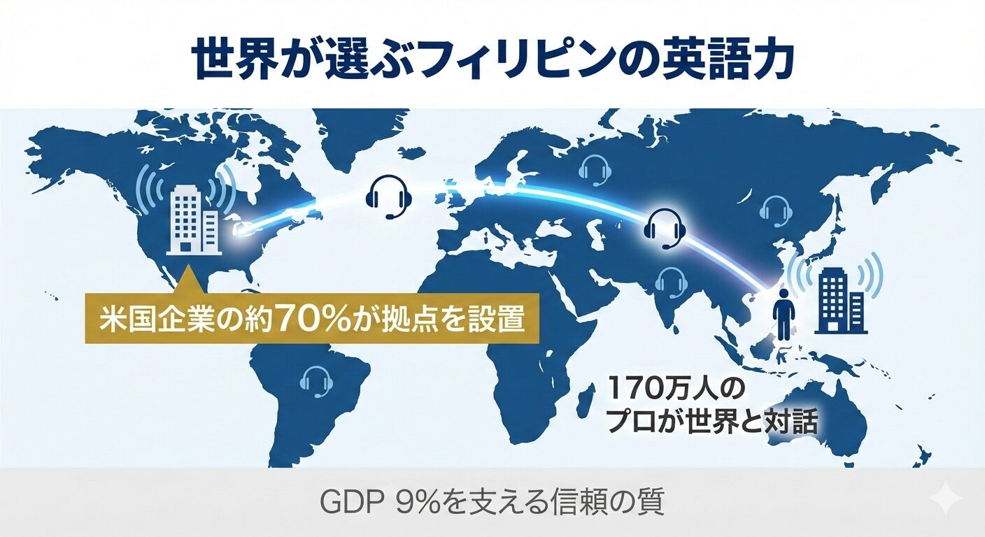 フィリピンのBPO産業の成功と英語力の「証明」関係を示すインフォグラフィック。米国企業の70%が拠点を置く事実と170万人の雇用実績を可視化し、フィリピン英語がグローバルビジネスのインフラとして機能していることを説明している。