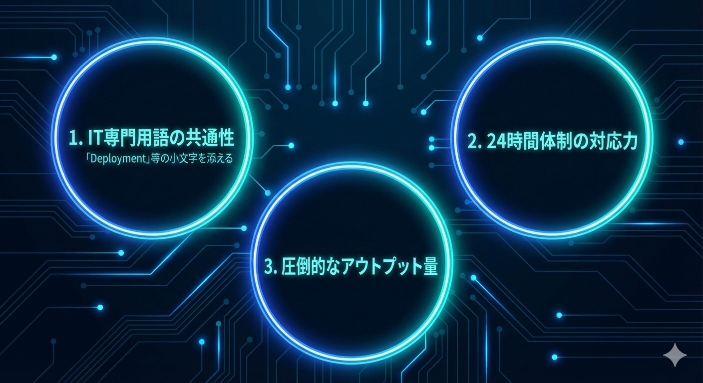  ITエンジニアとフィリピン英語の「親和性」を示す図解。専門用語の共通性、BPOで培われた実務対応力、高いコストパフォーマンスによるアウトプット量の3点を、エンジニアのキャリアパスに紐づけて視覚化している。