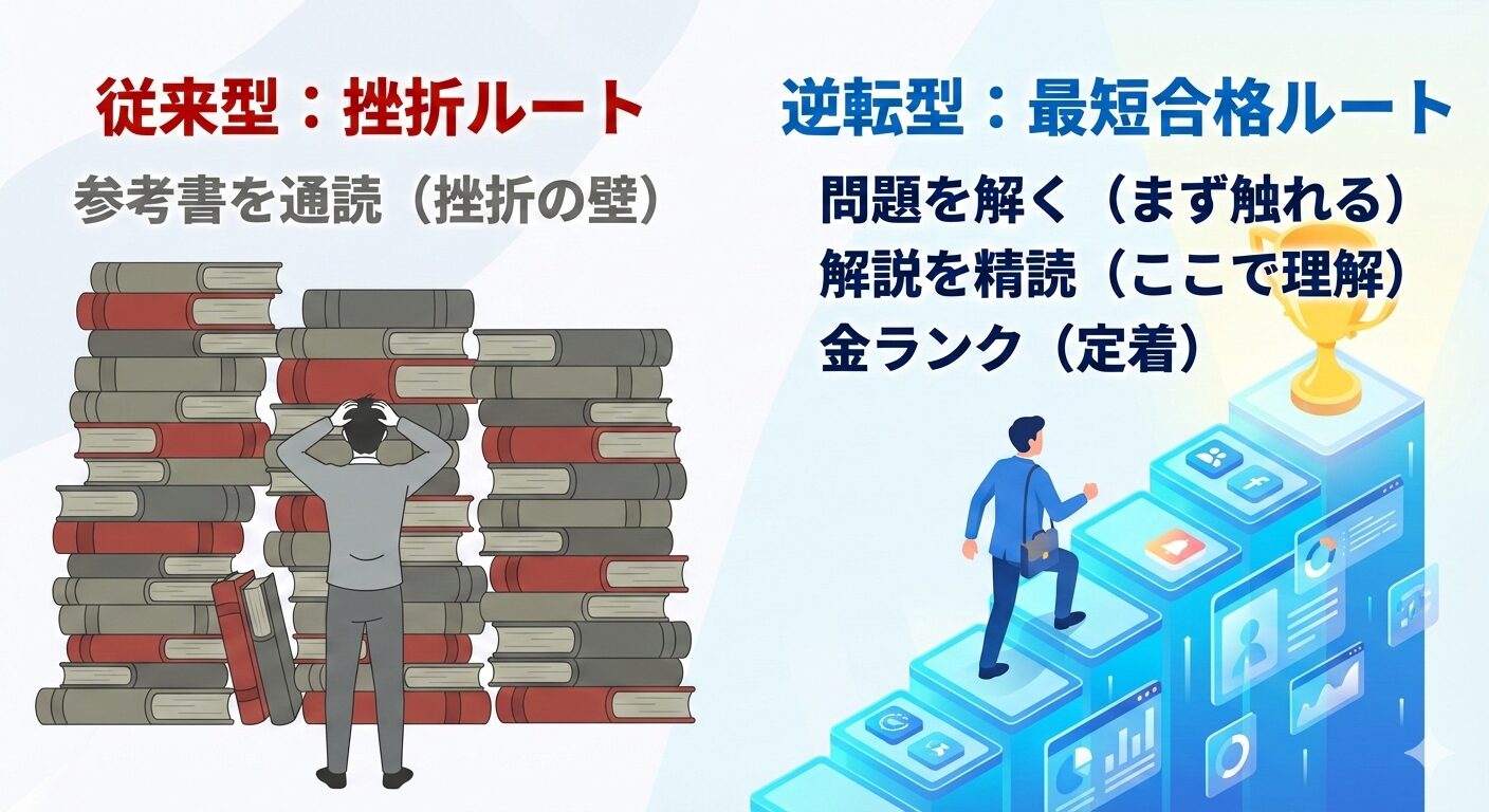 従来型の「参考書中心」の学習と、本記事が提唱する「Ping-t中心」の逆転型学習の比較図。エンティティ関係マップに基づき、参考書を「辞書(サブ)」、Ping-tを「メイン教材」と定義し直すことで、学習の停滞(原因)を解消し、合格率向上(結果)へ導く論理構造を視覚化しています。