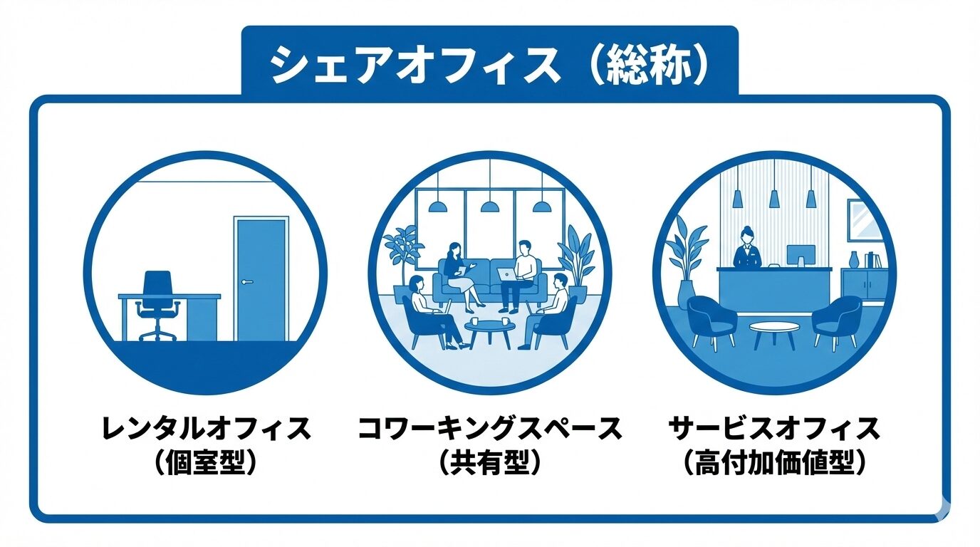 シェアオフィスを総称（親エンティティ）とし、レンタルオフィス、コワーキングスペース、サービスオフィスをその具体的な提供形態（子エンティティ）として分類した包含関係図。
