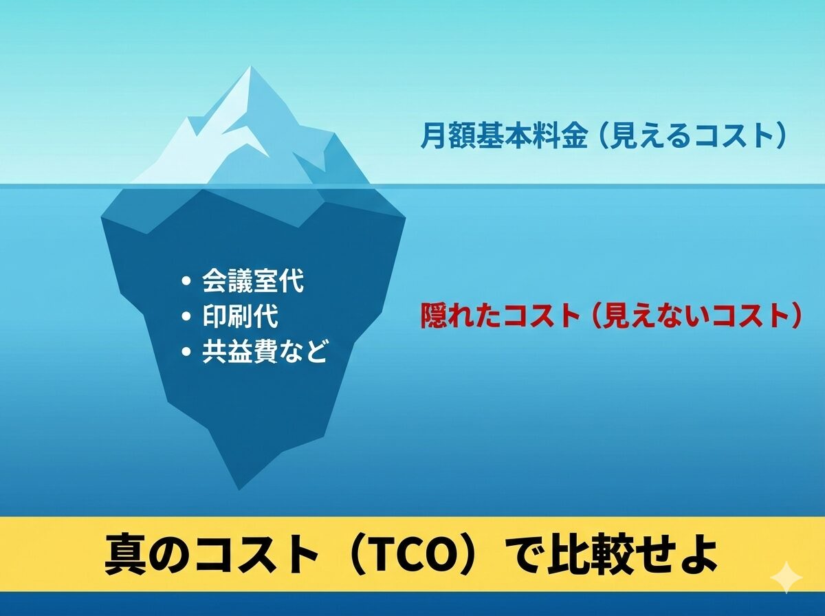 月額基本料金（表面的なエンティティ）と、会議室代や共益費を含むTCO（実質的な総コスト・エンティティ）の主従関係を、氷山モデルを用いて表現した概念図。