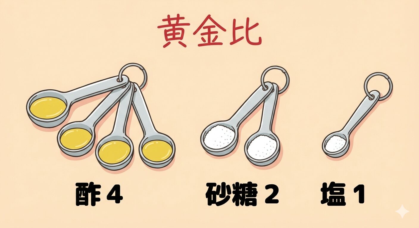 すし酢の黄金比率（酢4：砂糖2：塩1）を示すイラスト