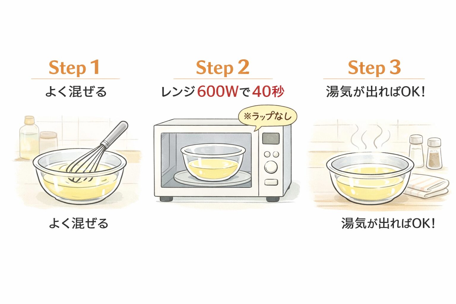 レンジで酸味を飛ばす手順：混ぜる→600W40秒→湯気が出ればOK