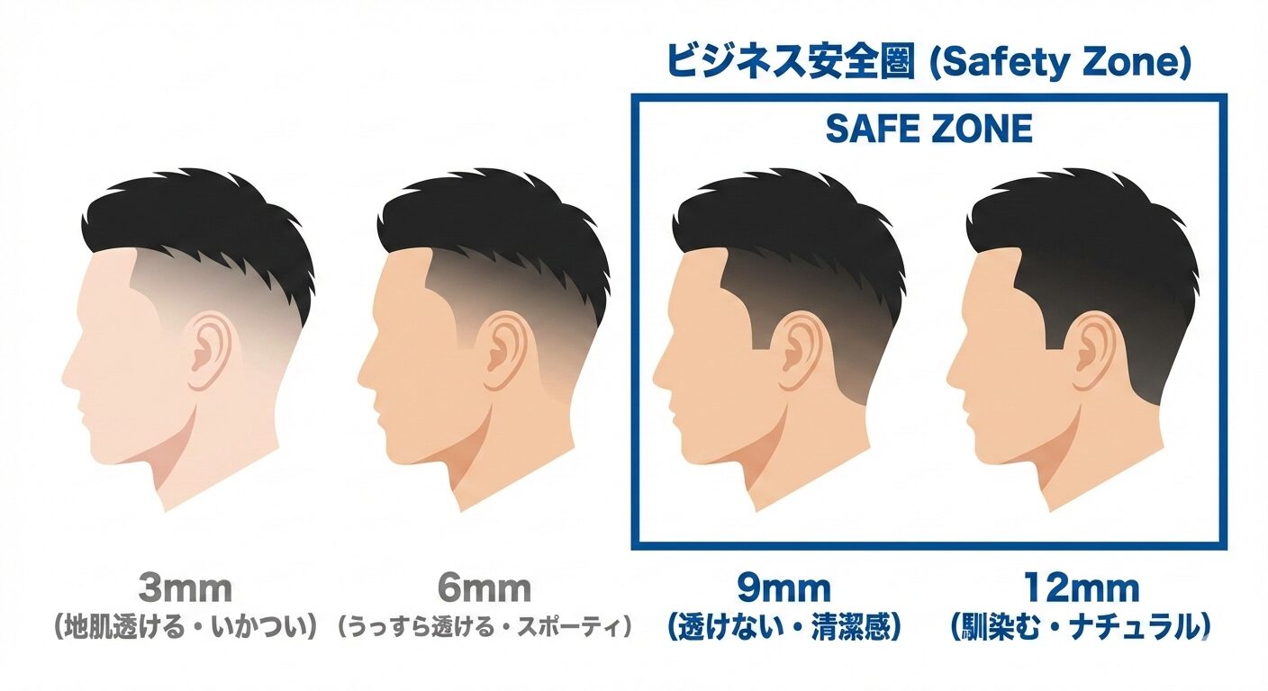 ツーブロックの刈り上げ長さ比較図。3mmと6mmは地肌が透けて白く見えるためビジネスではリスクがあるが、9mmと12mmは黒く自然に見え、清潔感を担保できる「安全圏」であることを示している。