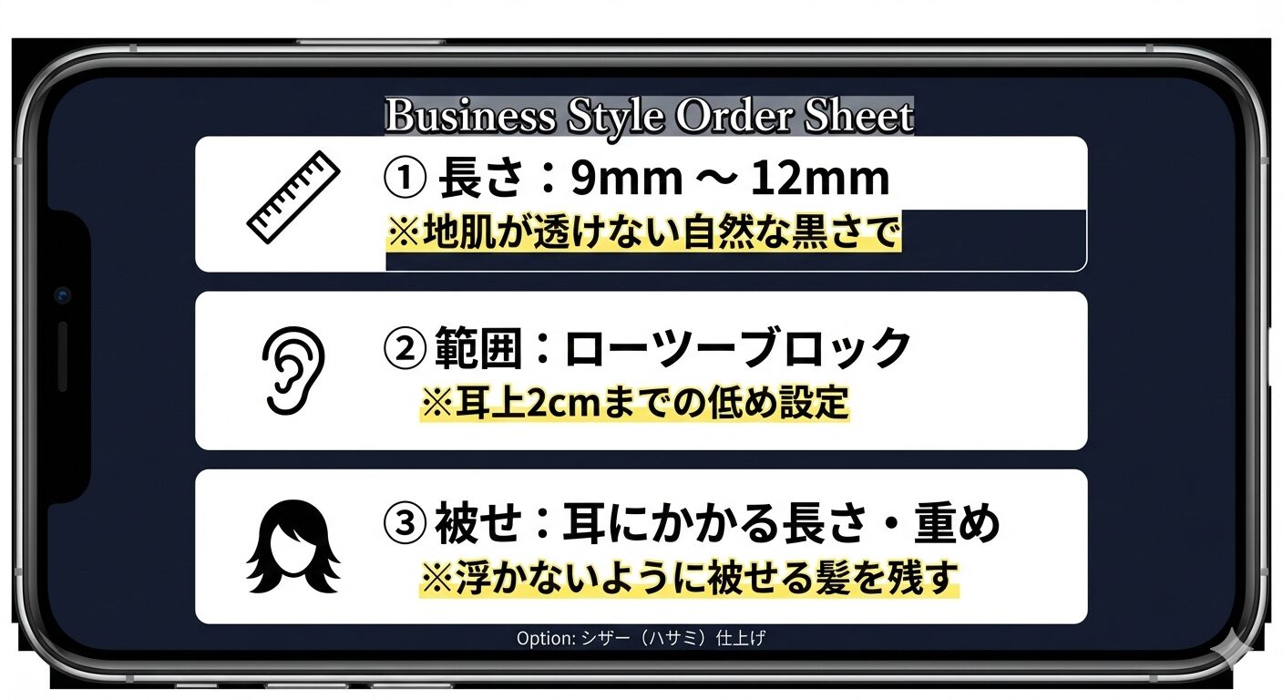 美容室で見せるための失敗回避オーダーシート。長さは9mm〜12mm、範囲はローツーブロック、被せる髪は重めと指定されており、これを見せるだけで「カッパ化」や「透けすぎ」を防ぐことができる。