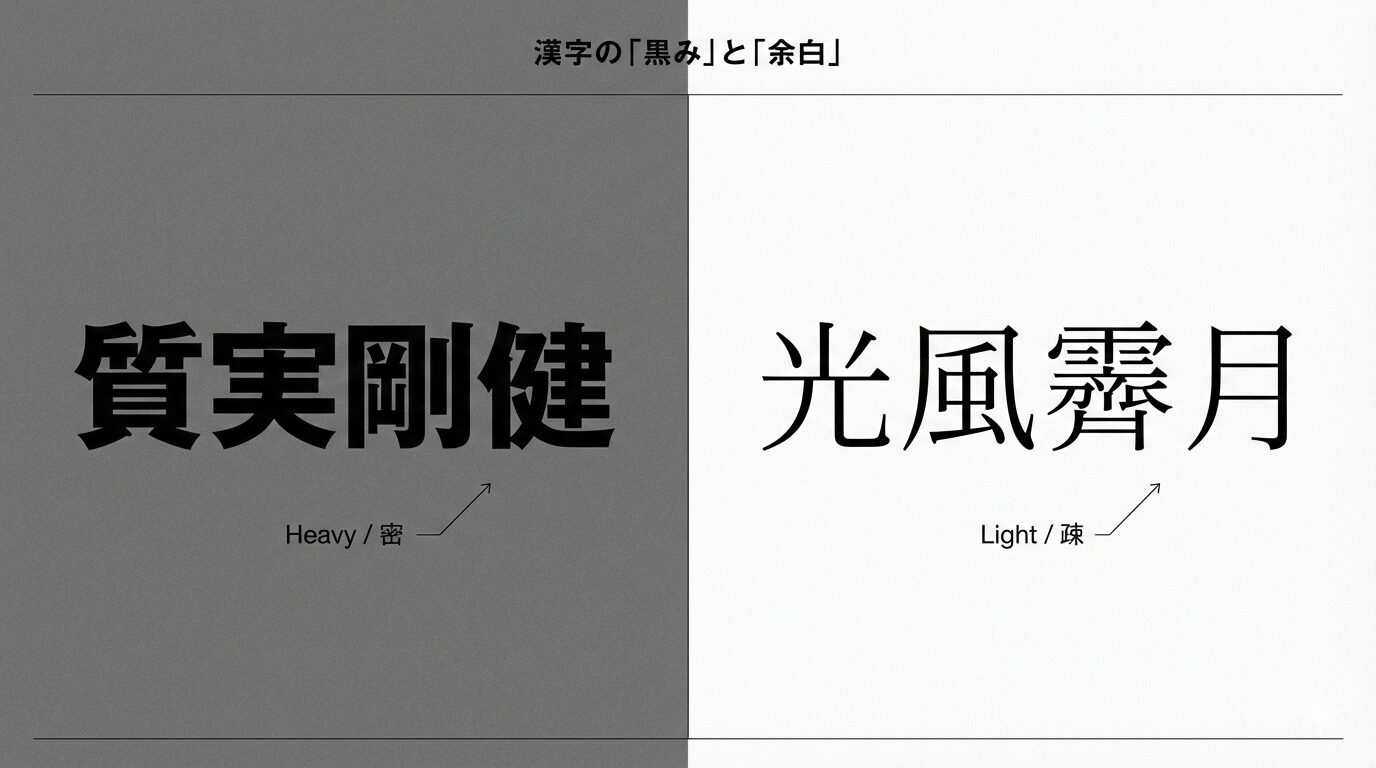 画数の多い四字熟語「質実剛健」と画数の少ない「光風霽月」を比較した図。四字熟語がデザインにおいては「意味」だけでなく、画数による「黒み」や「余白」という視覚的属性を持つことを示している。