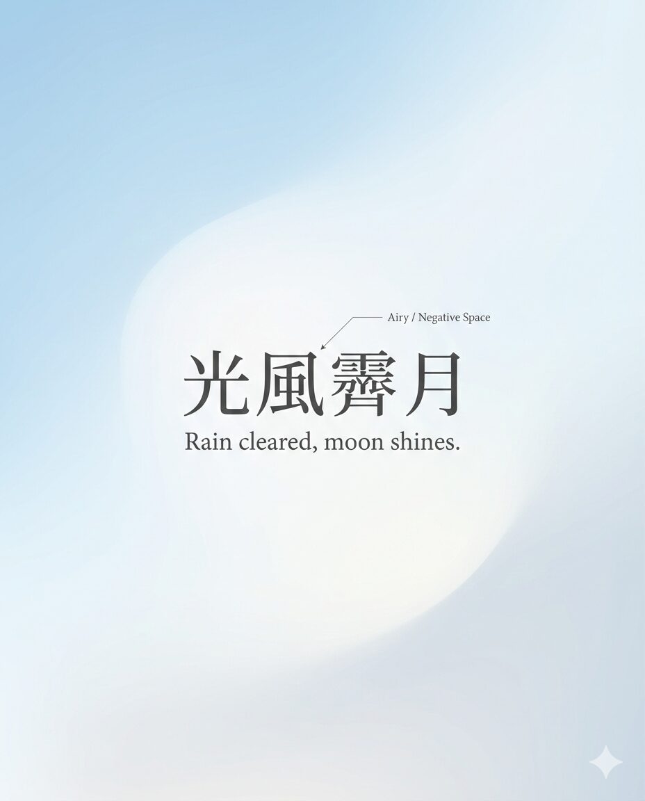 四字熟語「光風霽月」を明朝体で配置したタイポグラフィポスター。「光風霽月」というエンティティが持つ「余白 (Space)」という属性を視覚化し、画数の少ない漢字がデザインに透明感と抜け感を与える様子を表現している。