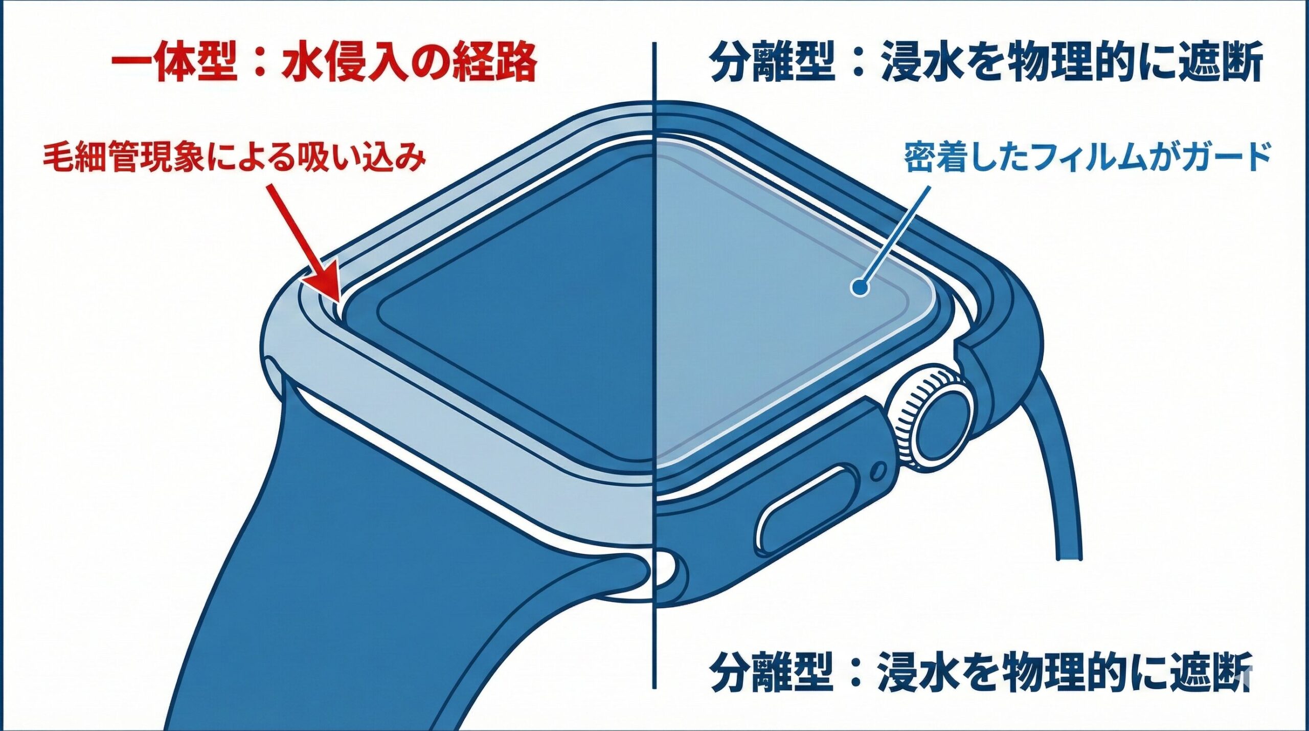 「強化ガラス一体型ケース」と「毛細管現象」の因果関係を示す構造図。一体型ケースでは画面との隙間から水が侵入するリスクがある一方、バンパーとフィルムの分離型では浸水経路が遮断される論理的構造を比較解説している。