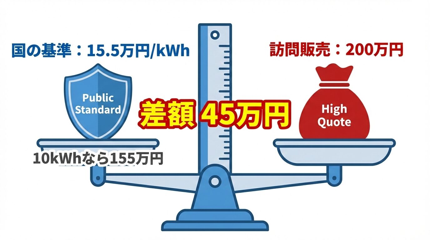 蓄電池の「目標価格（エンティティ）」と「訪問販売の見積もり（エンティティ）」の妥当性を比較するインフォグラフィック。10kWhの容量において、経産省基準の155万円に対し、200万円の見積もりが「割高」であることを天秤のモチーフで視覚的に表現し、価格判定の基準を示している。
