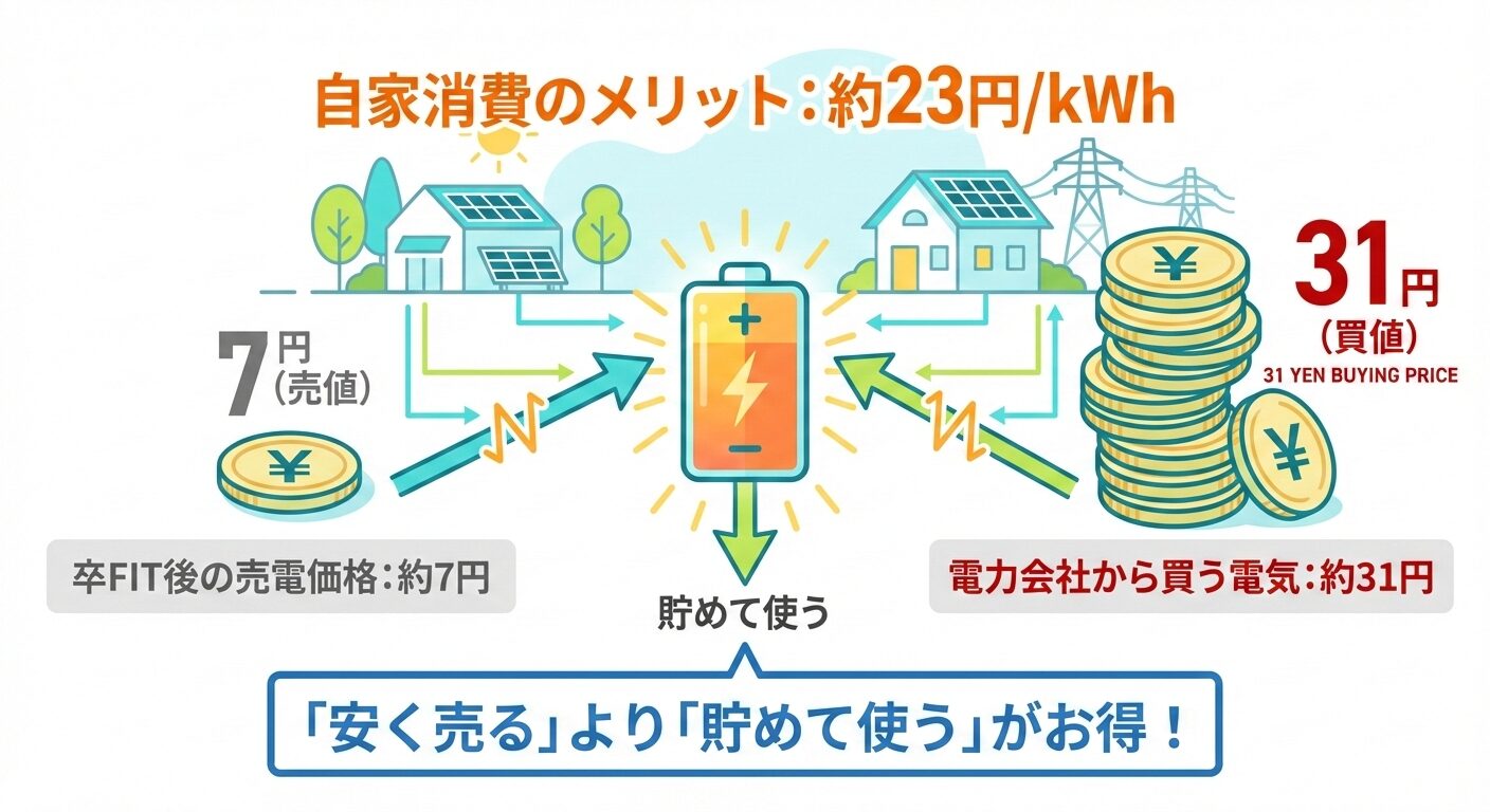 卒FIT後の売電価格（約7円）と電力会社から買う電気代（約31円）の差額を可視化した図解。蓄電池を導入して「自家消費（エンティティ）」に回すことで、1kWhあたり約23円の経済的メリット（原因と結果）が生まれる構造を説明している。