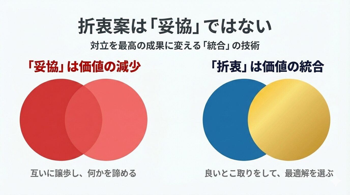 エンティティ「折衷案」と「妥協案」の対照的な関係性を示す概念図。妥協案が互いの譲歩による価値の減少を招くのに対し、折衷案は双方の利点を統合して新しい価値を最大化するプロセスであることを視覚化しています。