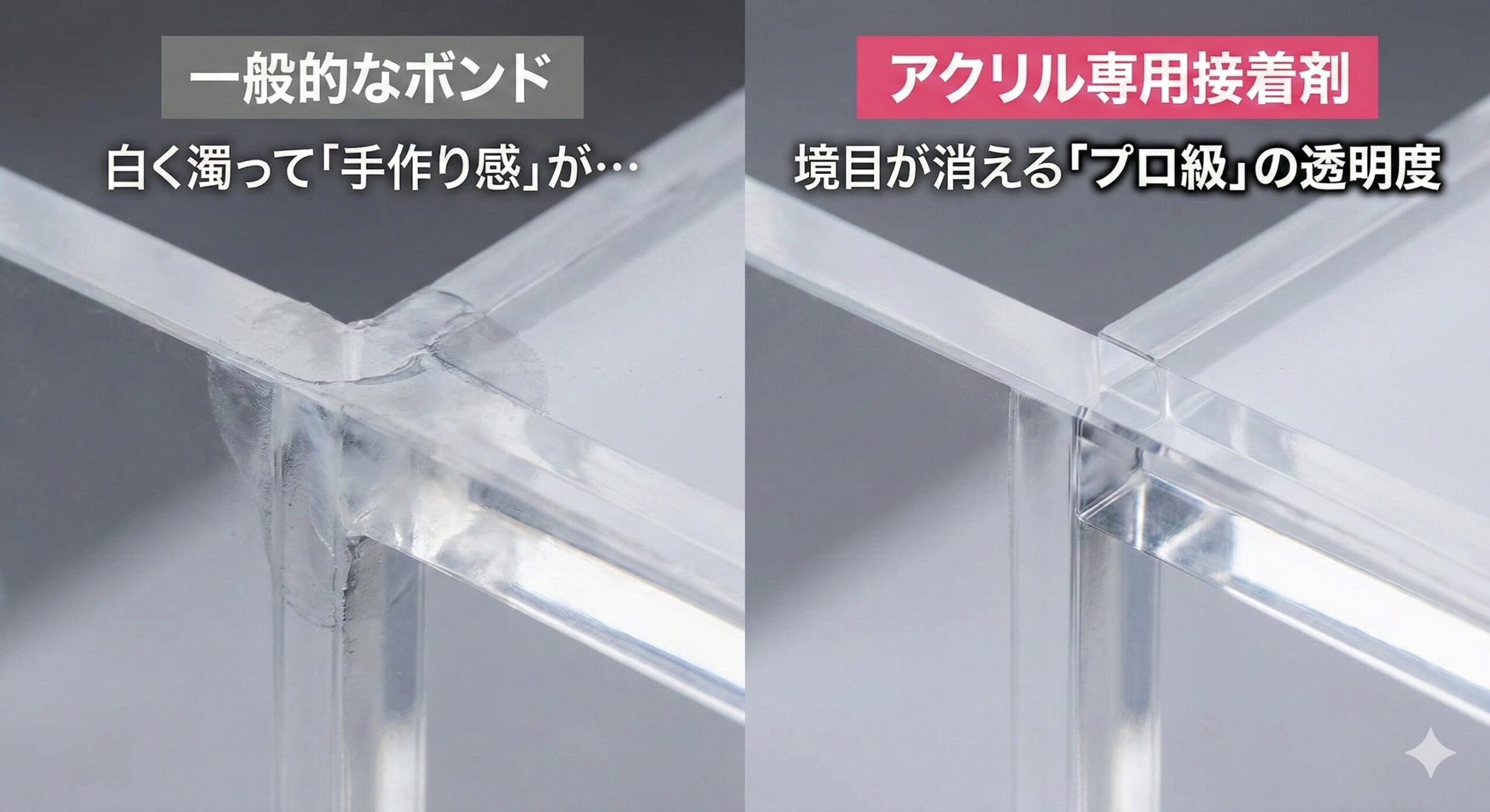 「アクリル板の接着における、多目的ボンドと専用接着剤の仕上がり比較。専用接着剤による『溶着（一体化）』が、推しを美しく見せるための『透明度』をいかに最大化するかを視覚的に示す比較写真。」