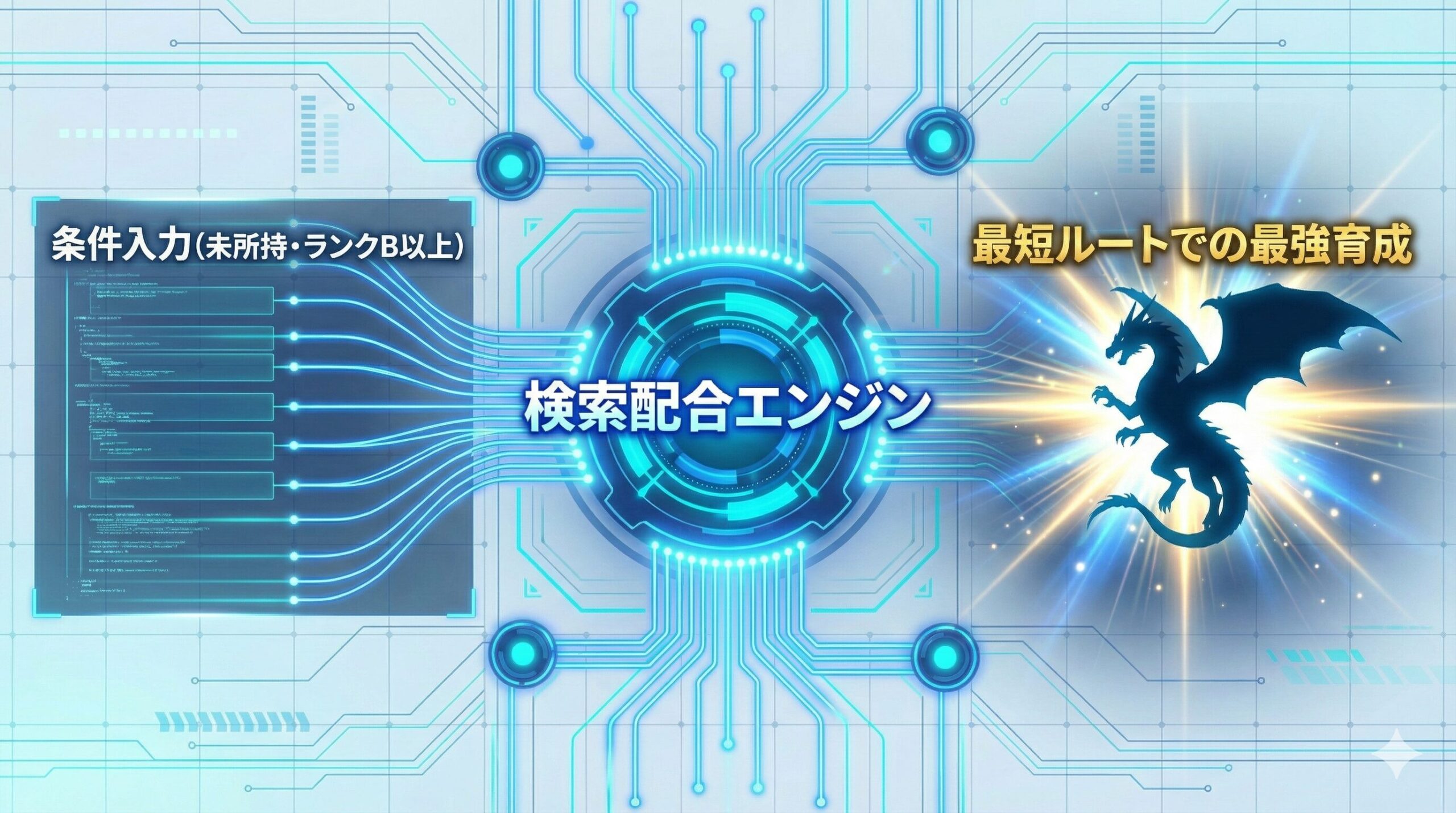 「検索配合と多忙な社会人の関係性を示す概念図。複雑な配合条件(Input)を検索配合(Process)が瞬時に処理し、最短ルートでの育成(Output)を実現する流れを可視化。試行錯誤という『作業』を、エンジニアが好む『最適化パズル』へと変換する本作のUVPを表現している。」