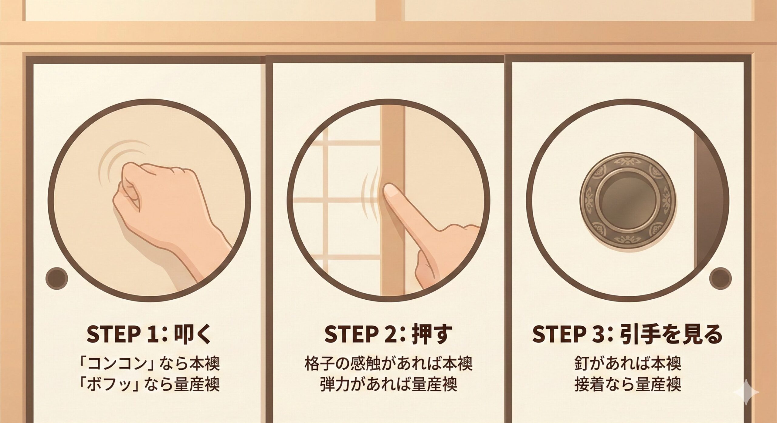 襖の種類（本襖と量産襖）を特定するための3ステップ診断フロー。叩いた時の音、押した時の下地の感触、引手の固定方法という3つの物理的特徴から、伝統的な「本襖」と現代的な「量産襖」のエンティティ関係を判別する手順を図解しています。