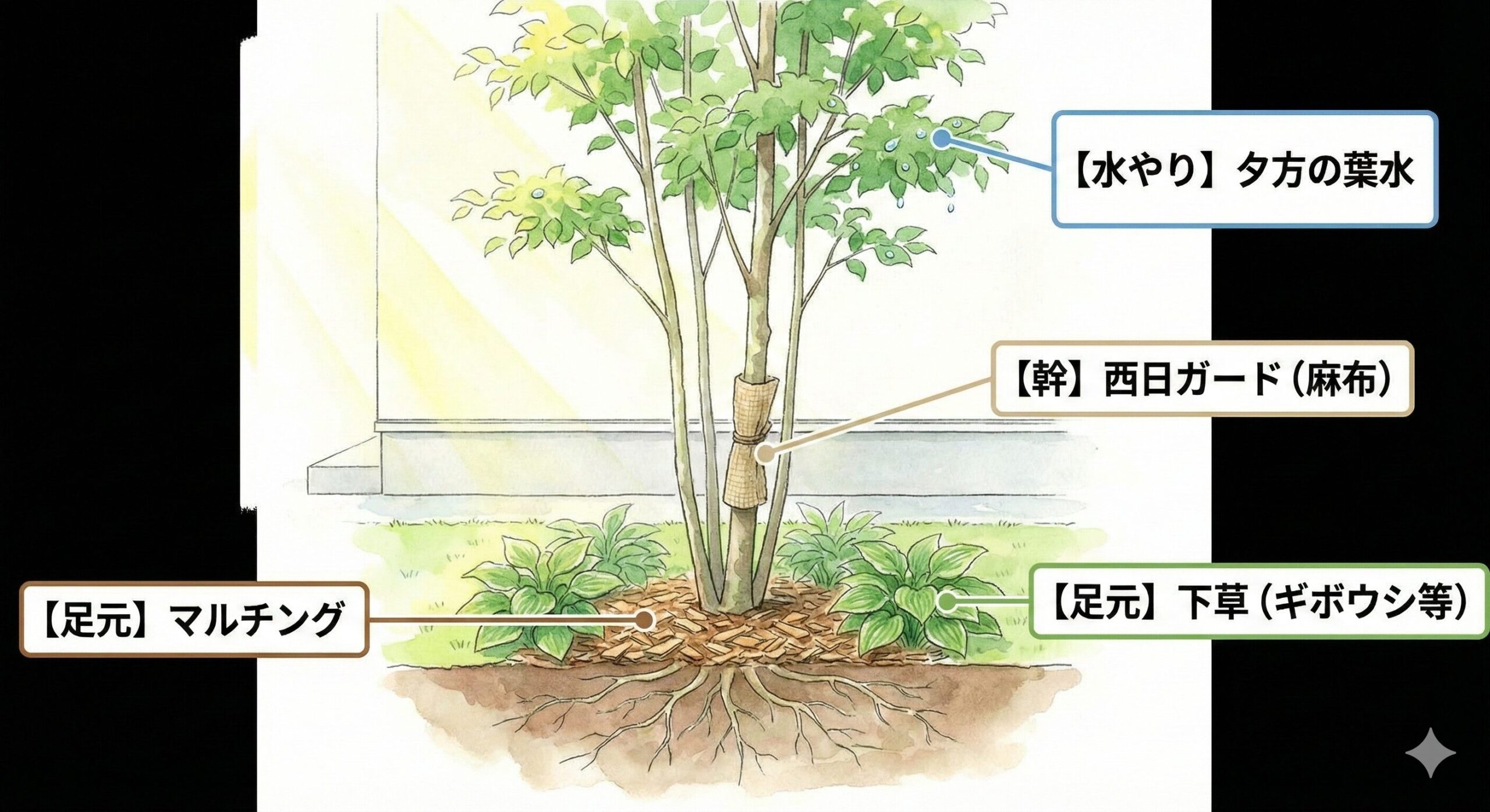 ヒメシャラの生存率を高めるための植栽断面図。エンティティ「ヒメシャラ」と「マルチング・下草」の保護関係、および**「西日」による幹焼けを防ぐ物理的防御構造**を視覚化し、初心者が守るべき3つの黄金ルールを解説している。