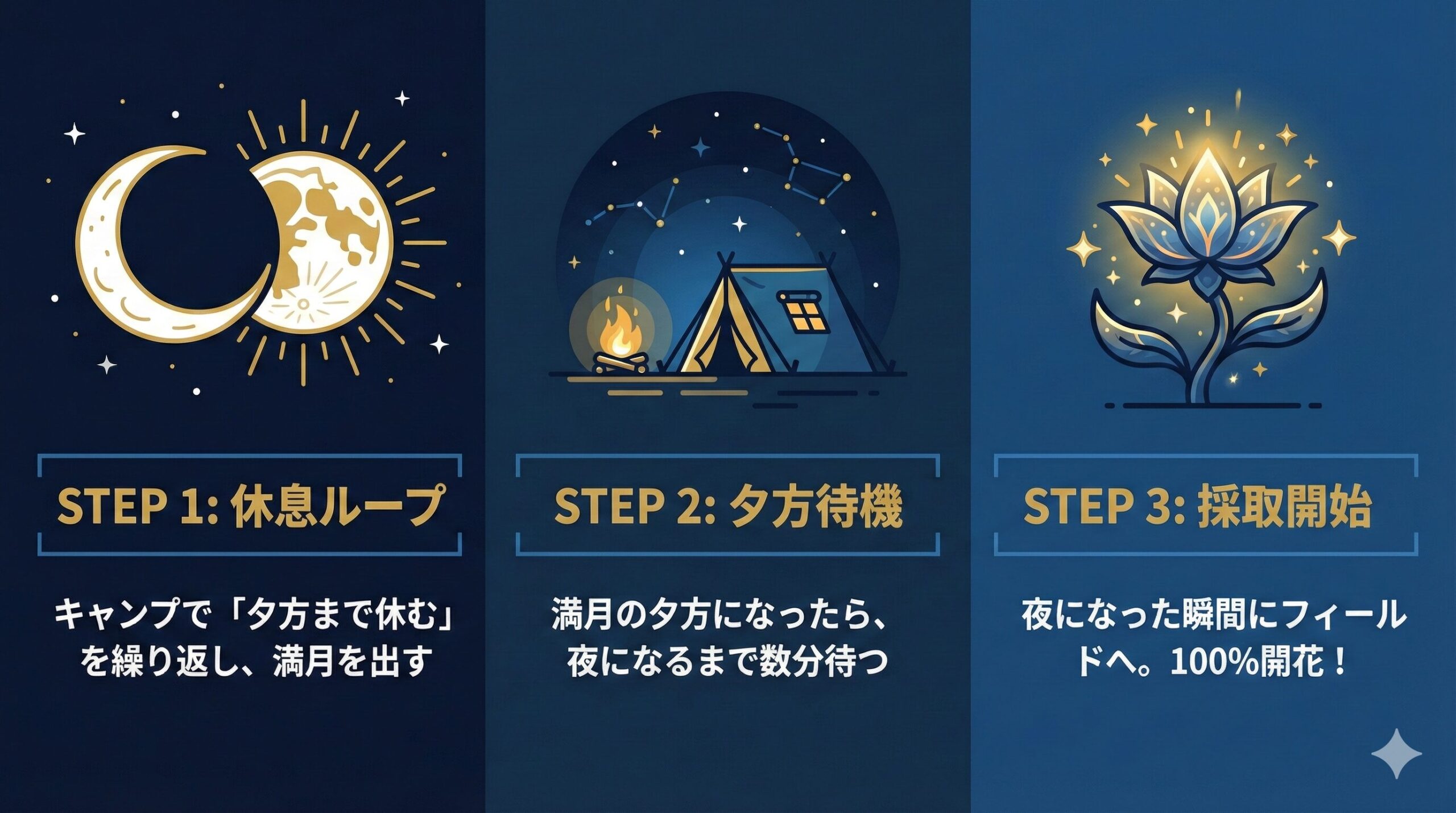 「休息システムによる月齢操作（原因）と、夕方から夜への遷移（条件）が、一夜花の開花（結果）を導く論理構造を示した3ステップのフロー図。ゲーム内フラグをプレイヤーが完全に制御できることを視覚化している。」