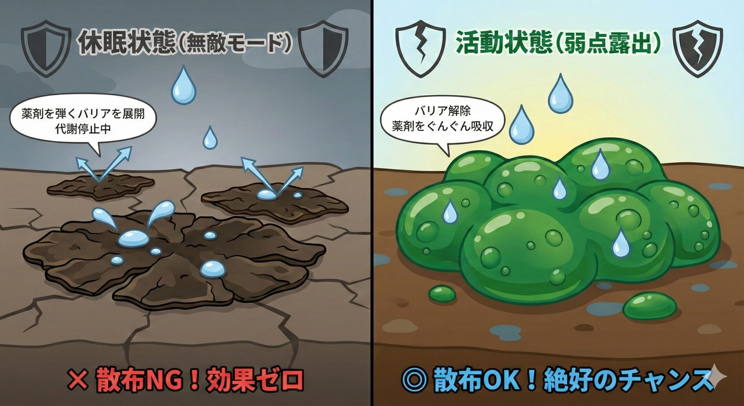 乾燥して黒く縮み薬剤を弾くイシクラゲ(休眠状態)と、雨上がりで緑色に膨らみ薬剤を吸収するイシクラゲ(活動状態)の比較図解