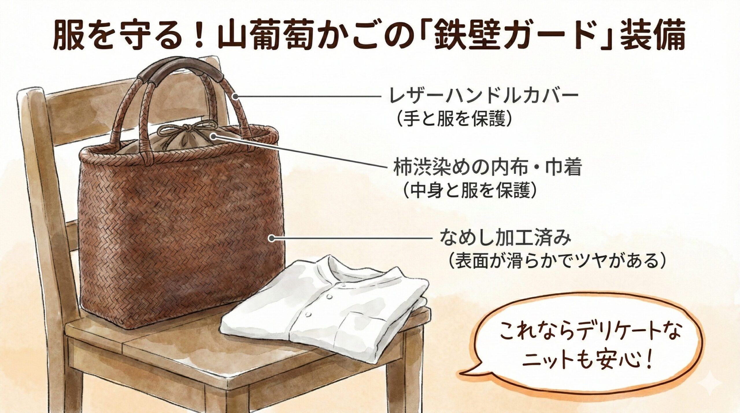 山葡萄かごバッグのイラスト図解。「なめし加工」された滑らかな本体、「レザーハンドルカバー」、「柿渋染めの内布」が装着されており、これらが服へのダメージを防ぐ物理的なガード（解決策）として機能することを示している。