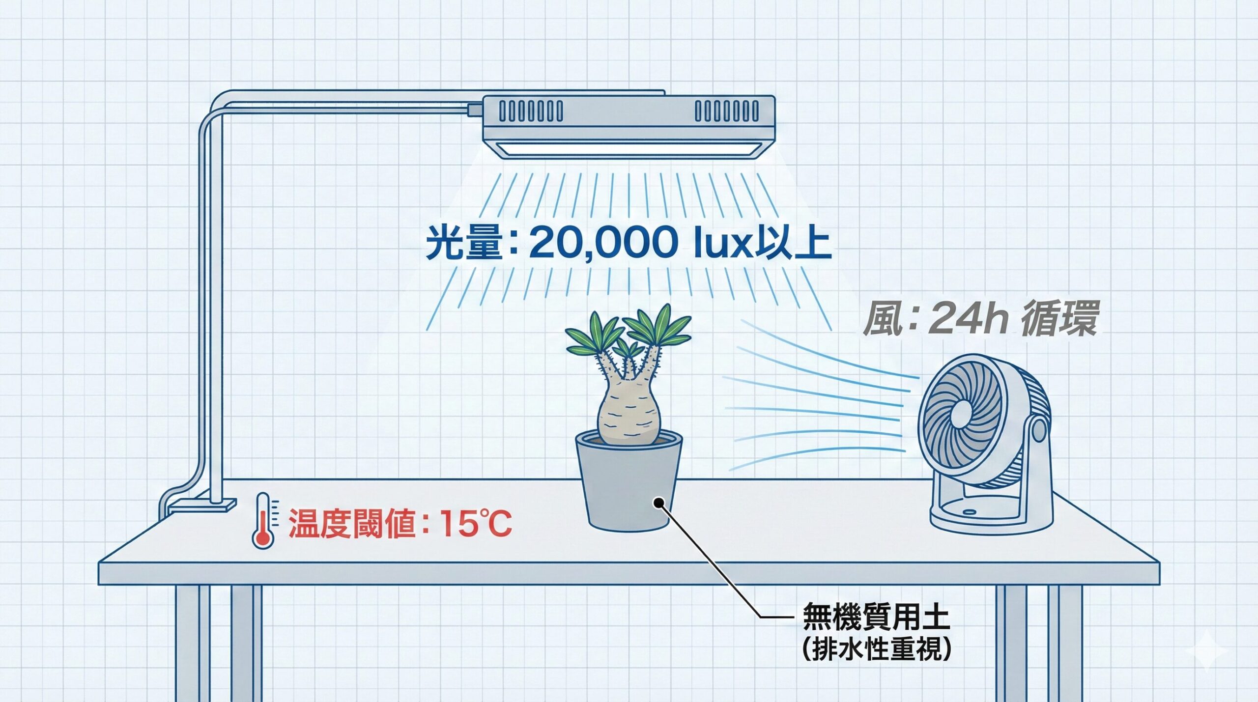室内栽培における「植物育成LED(光)」と「サーキュレーター(風)」の物理的配置を示す構成図。LEDによる20,000ルクス以上の光照射が「徒長」を防止し、サーキュレーターによる空気循環が「根腐れ」を抑制するという、環境設計と生存率の因果関係を視覚化しています。