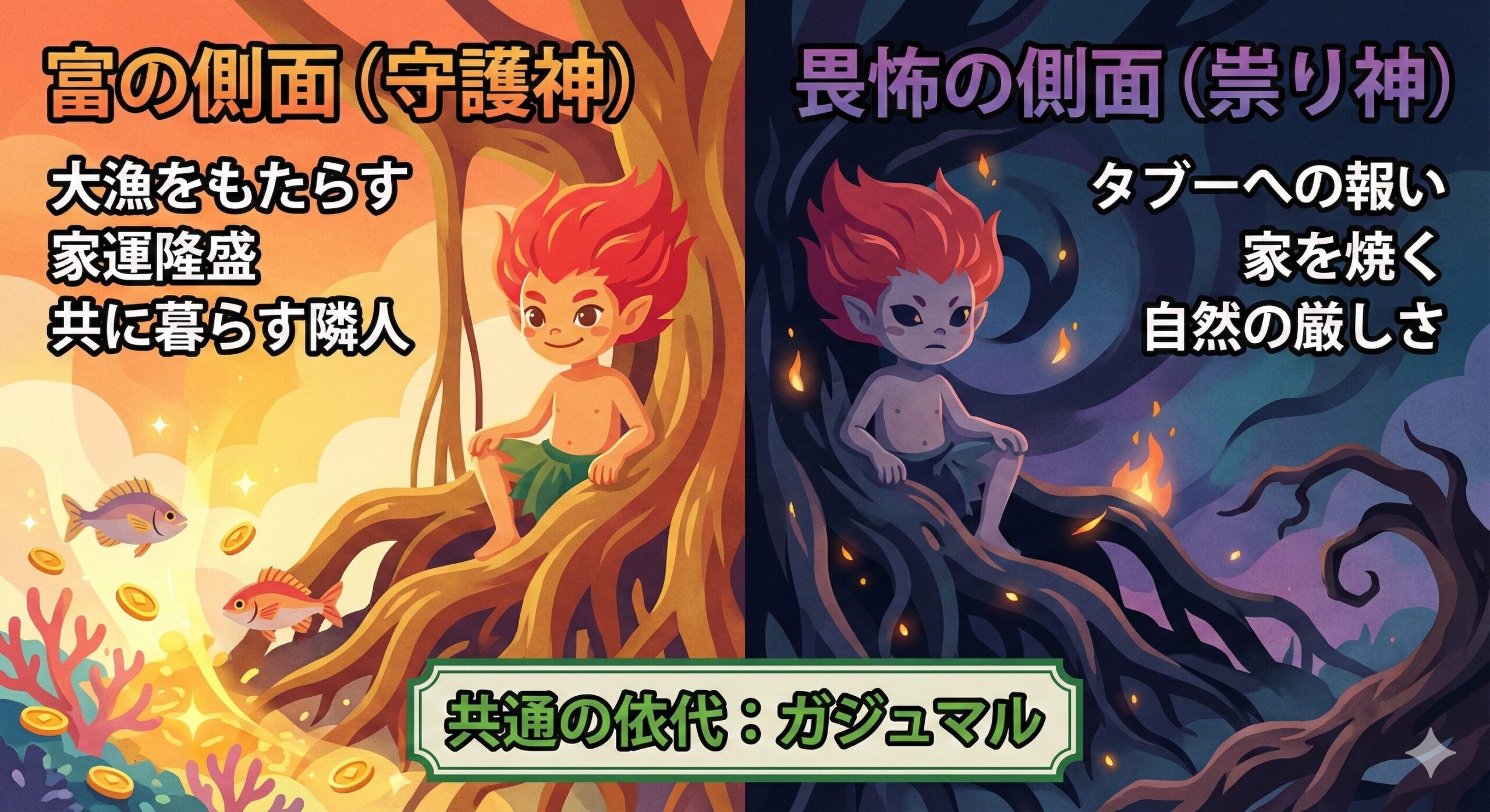 キジムナー(精霊)とガジュマル(依代)の共生関係を軸に、人間に富をもたらす守護神的な側面と、タブーを破った際に災いをもたらす畏怖すべき側面の二面性を対比させた構造図。自然の気まぐれさと人間との契約関係を視覚化したもの。