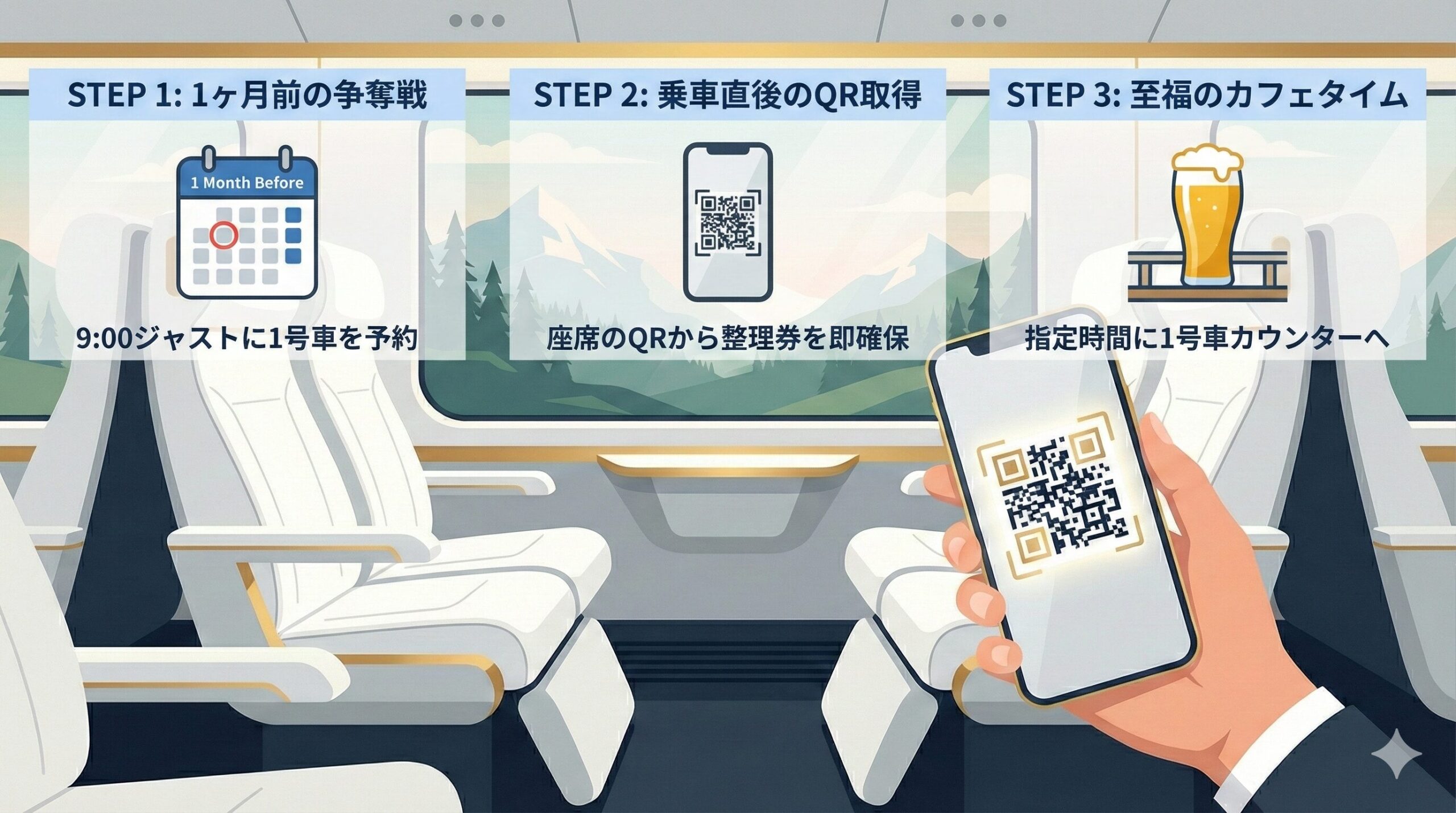 「スペーシアX」という中核エンティティと「旅の満足度」の因果関係を示すフロー図。満足度を最大化するための鍵となる「カフェ整理券」の取得プロセスを3ステップで視覚化し、ユーザーの成功体験を保証する構造を表現しています。