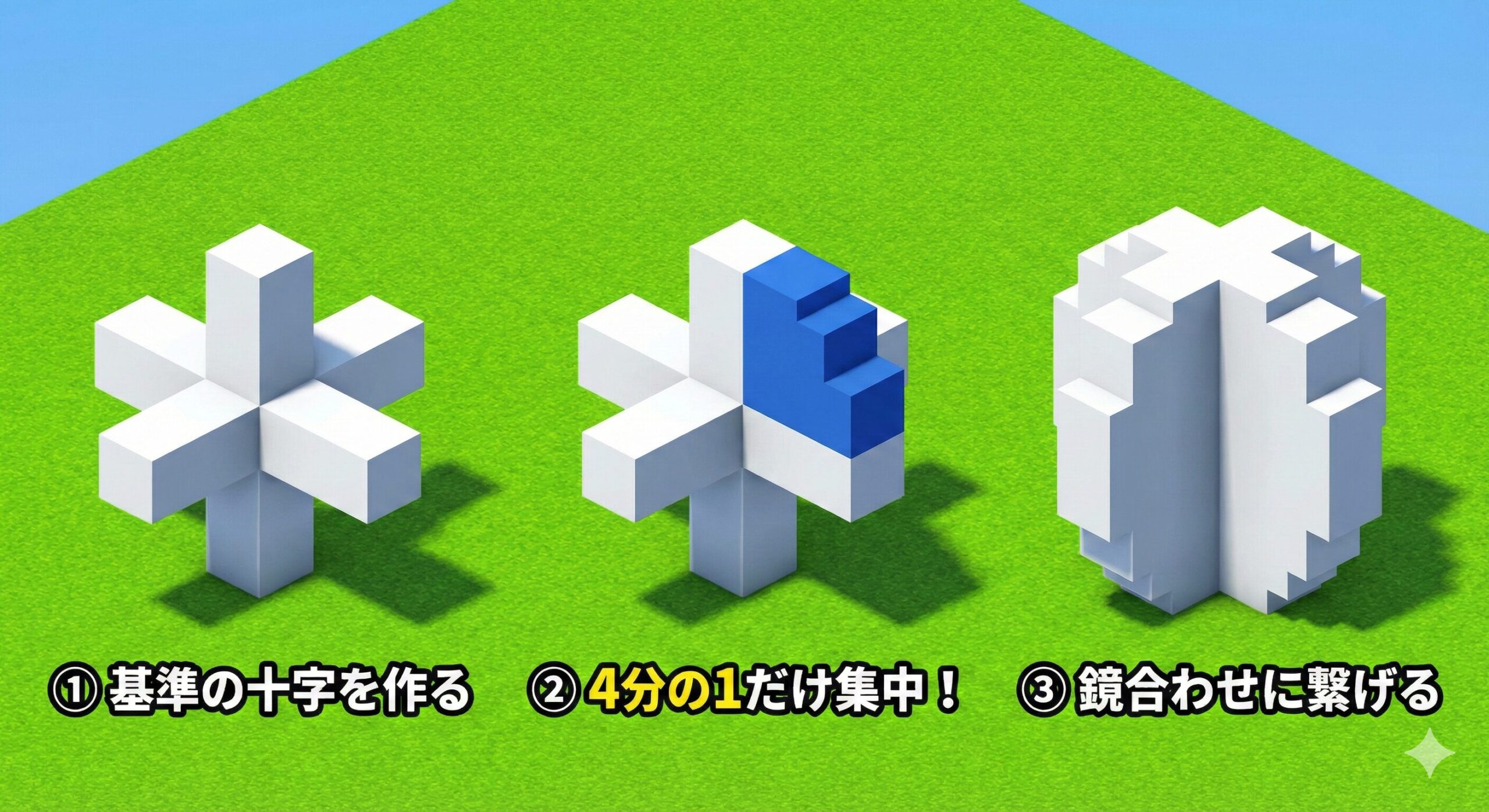 4分の1反転法による円建築の3ステップ手順図。「部分（4分の1）」の完成が「全体（完璧な円）」の成功を保証する、効率的なワークフローの論理構造を視覚化しています。