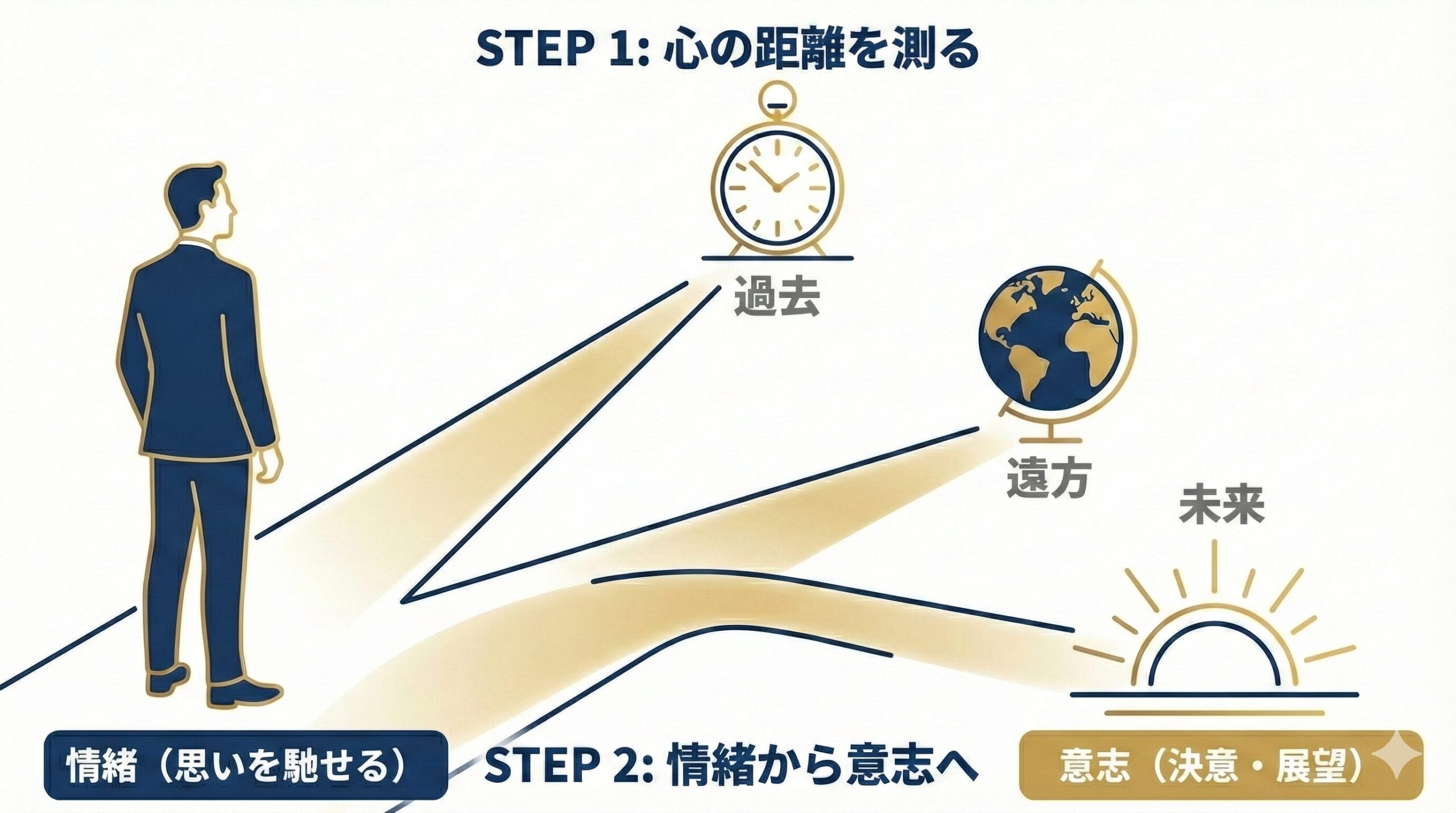 「現在」から「過去・遠方・未来」という遠い対象へ直線的に心を届ける『思いを馳せる』の概念図。この図は、エンティティ『思いを馳せる』が持つ『時間的・空間的距離』という属性と、挨拶文における『情緒から意志への転換』という論理的構成（原因と結果）を視覚化したものです。