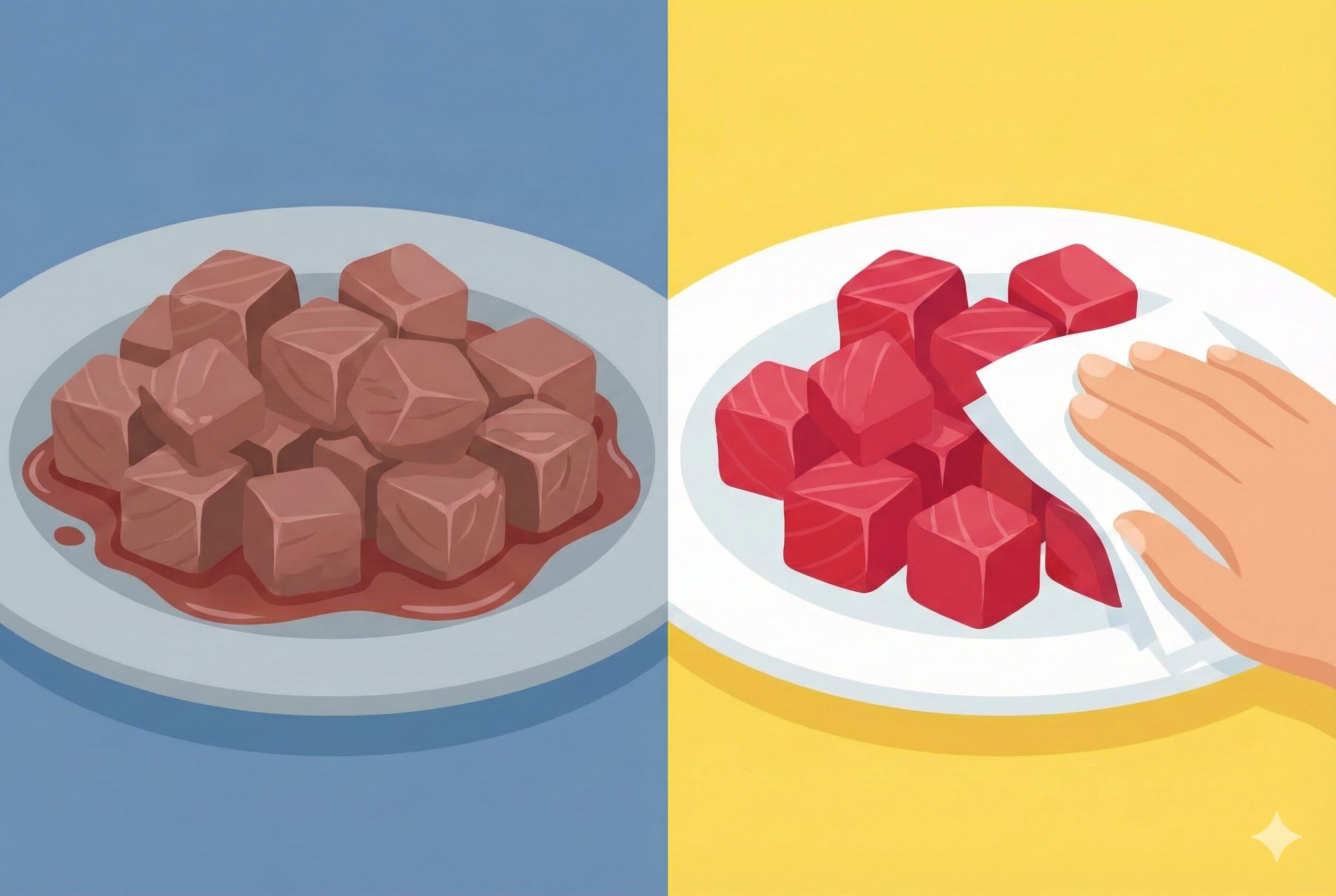 マグロのドリップ（原因）と生臭さ（結果）の関係を断ち切る「ドリップ除去」の工程図。キッチンペーパーによる下処理が、最終的な料理の品質を決定づける因果関係を表現。