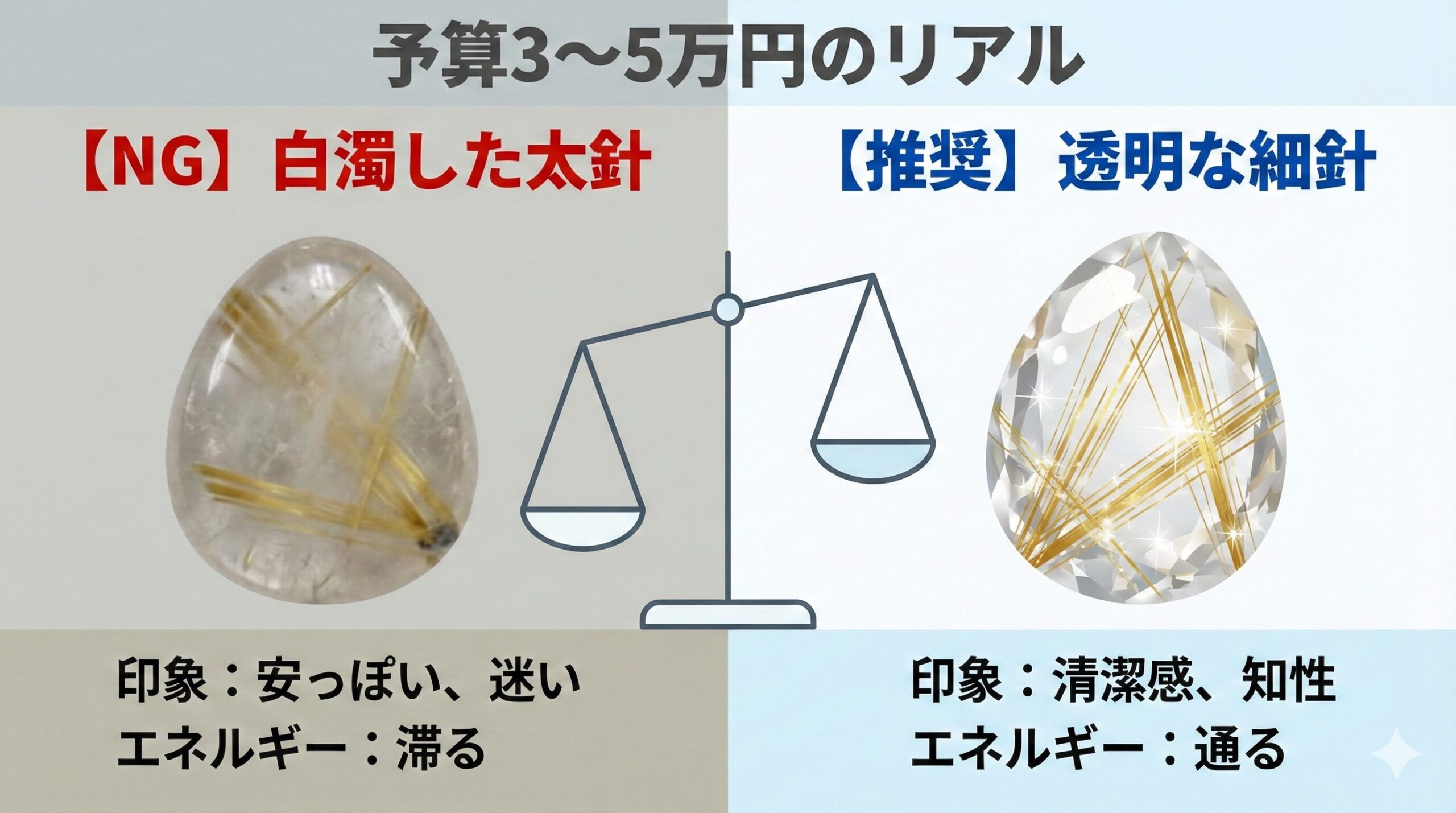 ルチルクォーツの品質比較図解。左側は白濁して太い針が入った低品質な石で「迷い・停滞」を象徴。右側は透明度が高く細い針が入った高品質な石で「清潔感・知性」を象徴。予算3〜5万円では透明度を優先すべきことを示す。