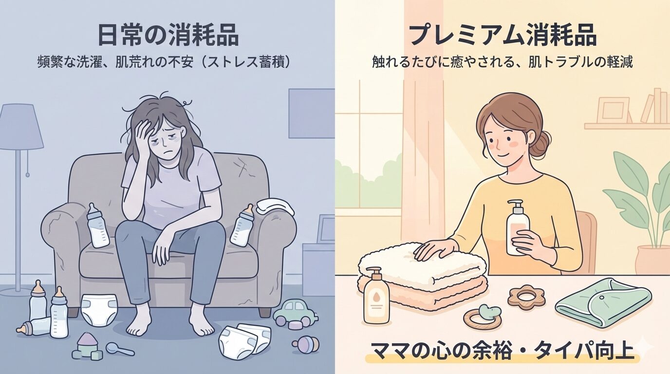 「プレミアム消耗品」と「育児のペインポイント」の関係性を示す図解。標準的な消耗品によるストレス蓄積に対し、高品質な製品（プレミアム消耗品）がママの肌トラブル不安を解消し、心理的な癒やしと家事の効率化（タイパ）をもたらす原因と結果のプロセスを表現しています。