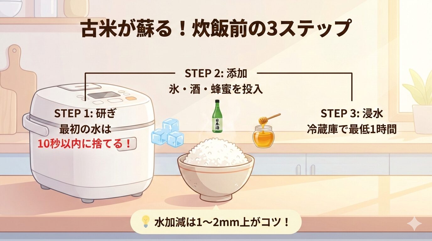 古米の劣化原因である「ヘキサナール(臭い)」を物理的に除去する研ぎ方と、「アミラーゼ(甘み)」を活性化させる氷、保水性を高める蜂蜜、臭いを揮発させる酒という、エンティティ間の相乗効果を視覚化した炊飯ステップ図解。