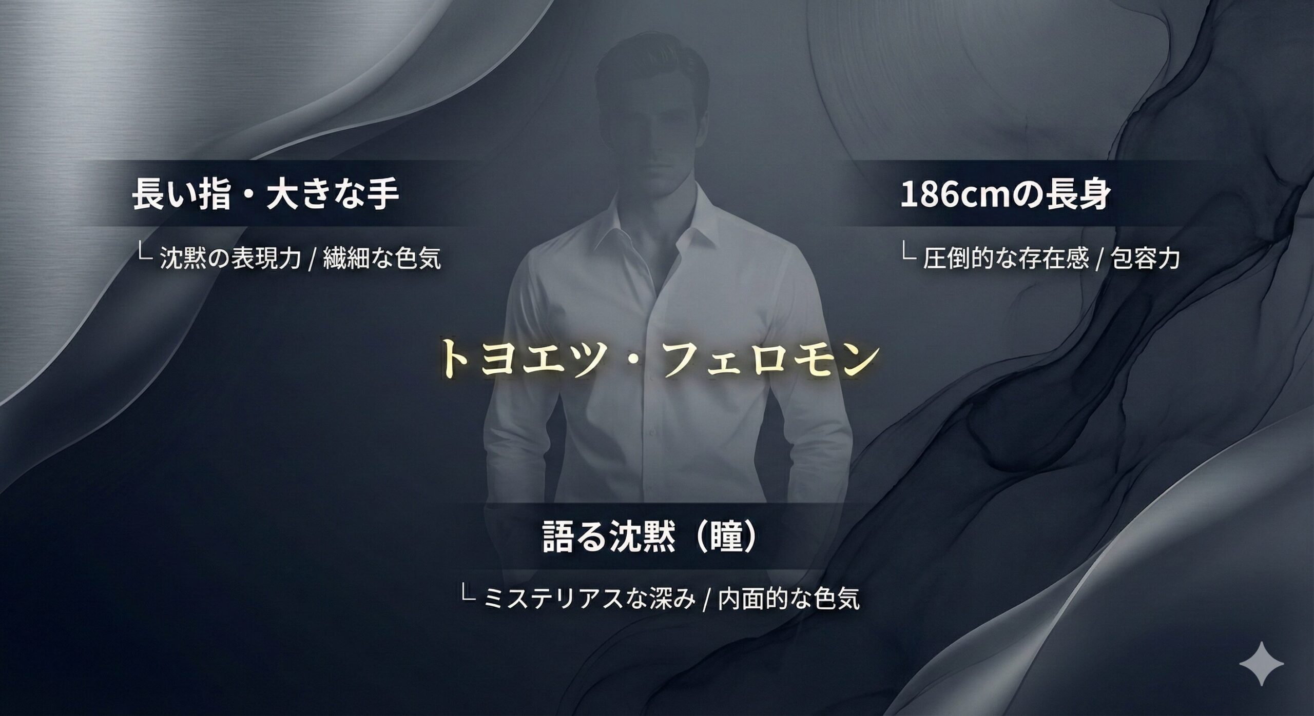 豊川悦司の「色気の正体」を構成する3つの身体的エンティティ（長い指、186cmの長身、語る沈黙）の相関図。各パーツが「沈黙の表現力」や「包容力」といった具体的な魅力の原因となり、最終的に彼特有の唯一無二の色気を形成している論理構造を示しています。