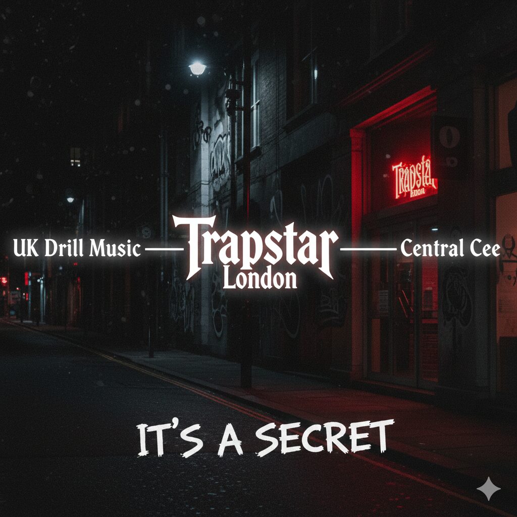 Trapstar Londonを中心に、UKドリル音楽とアイコン的ラッパーCentral Ceeが相互に影響し合い、ブランドの秘匿性(It's a Secret)がその価値を支えていることを示す相関図。