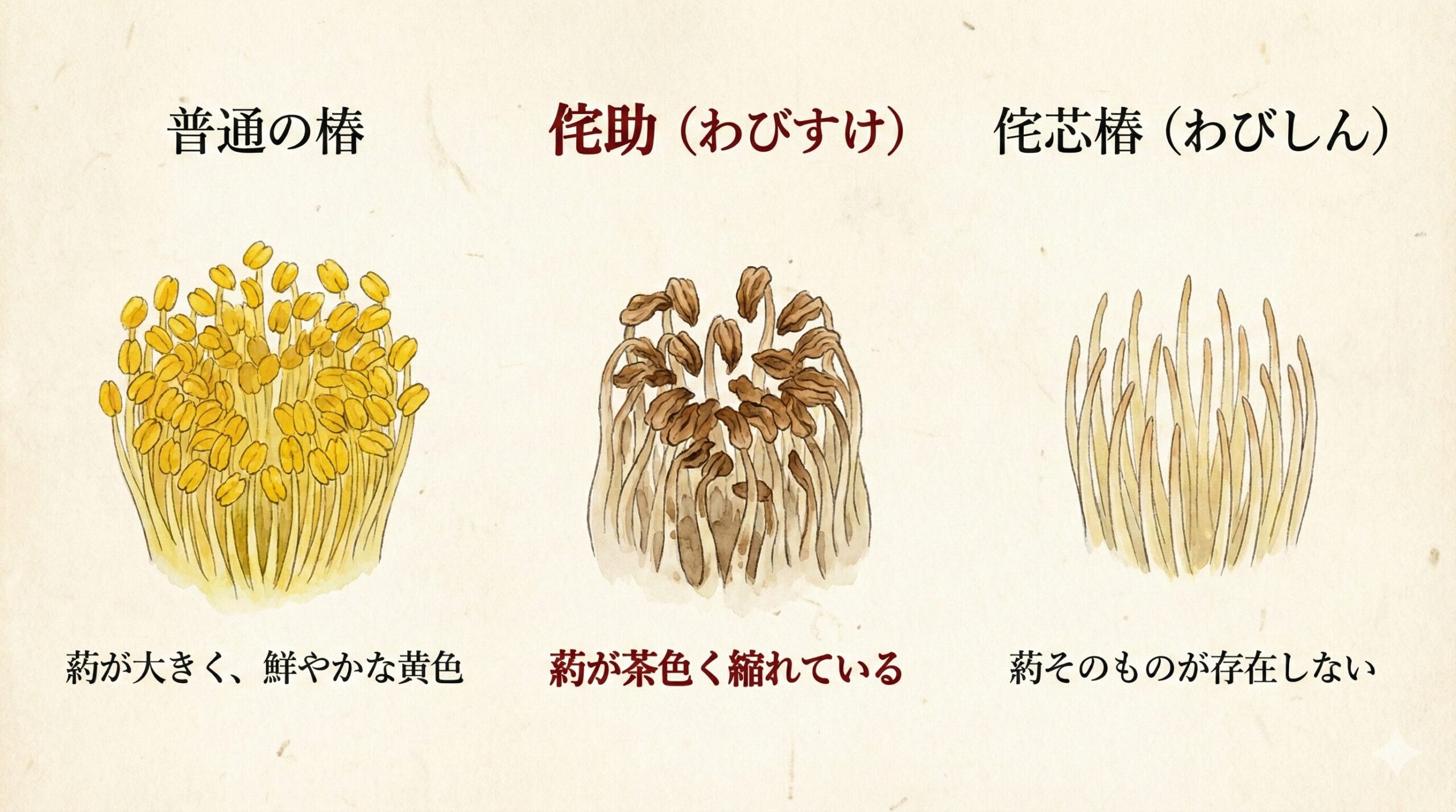 普通の椿、侘助、侘芯椿の3種類の「葯(やく)」の形状を比較した植物画風のイラスト。普通の椿は黄色く豊かな葯を持つのに対し、侘助は「葯の退化(不稔性)」により茶色く縮れているという対比関係を示しています。これにより、見た目が似ている侘助と侘芯椿の系統的な違いを視覚的に定義しています。