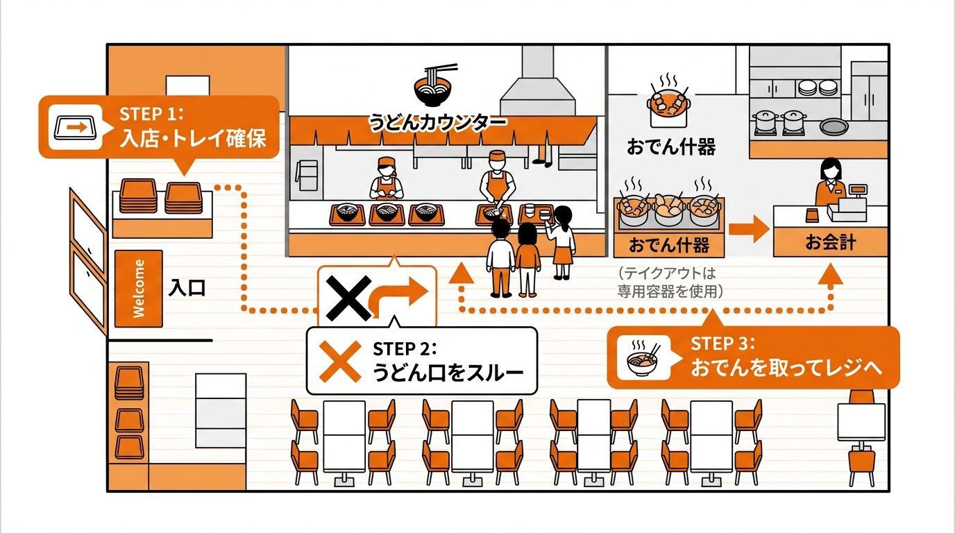 はなまるうどんの店舗動線図。「うどん注文口」と「おでんコーナー」の配置を示し、うどんを注文せずにレジへ直行できる「スルー動線」を視覚化。 