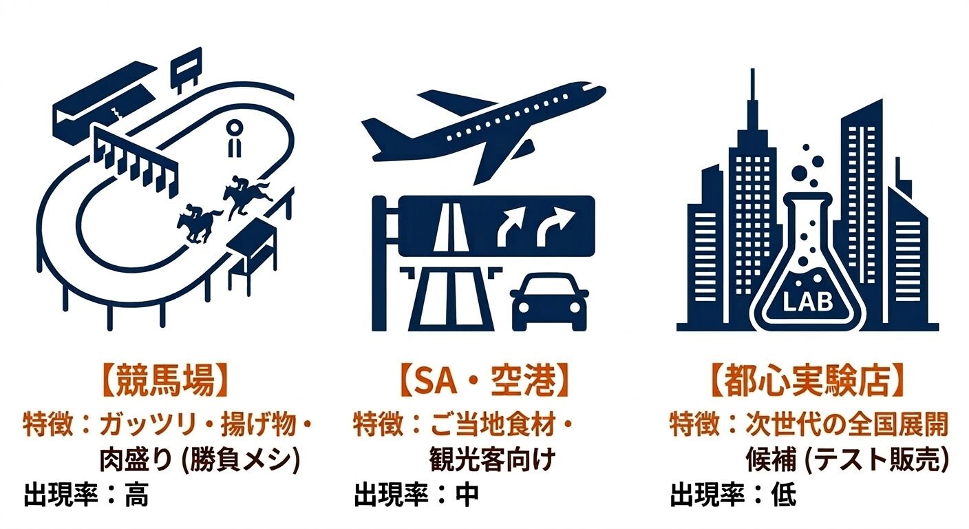 はなまるうどんの店舗立地と限定メニューの相関図。競馬場（高エネルギーな勝負メニューとの必然的関係）、SA・空港（地域特化メニュー）、都心実験店（テスト販売）の3つが、それぞれの立地特性に応じた独自メニューを提供している構造を示している。