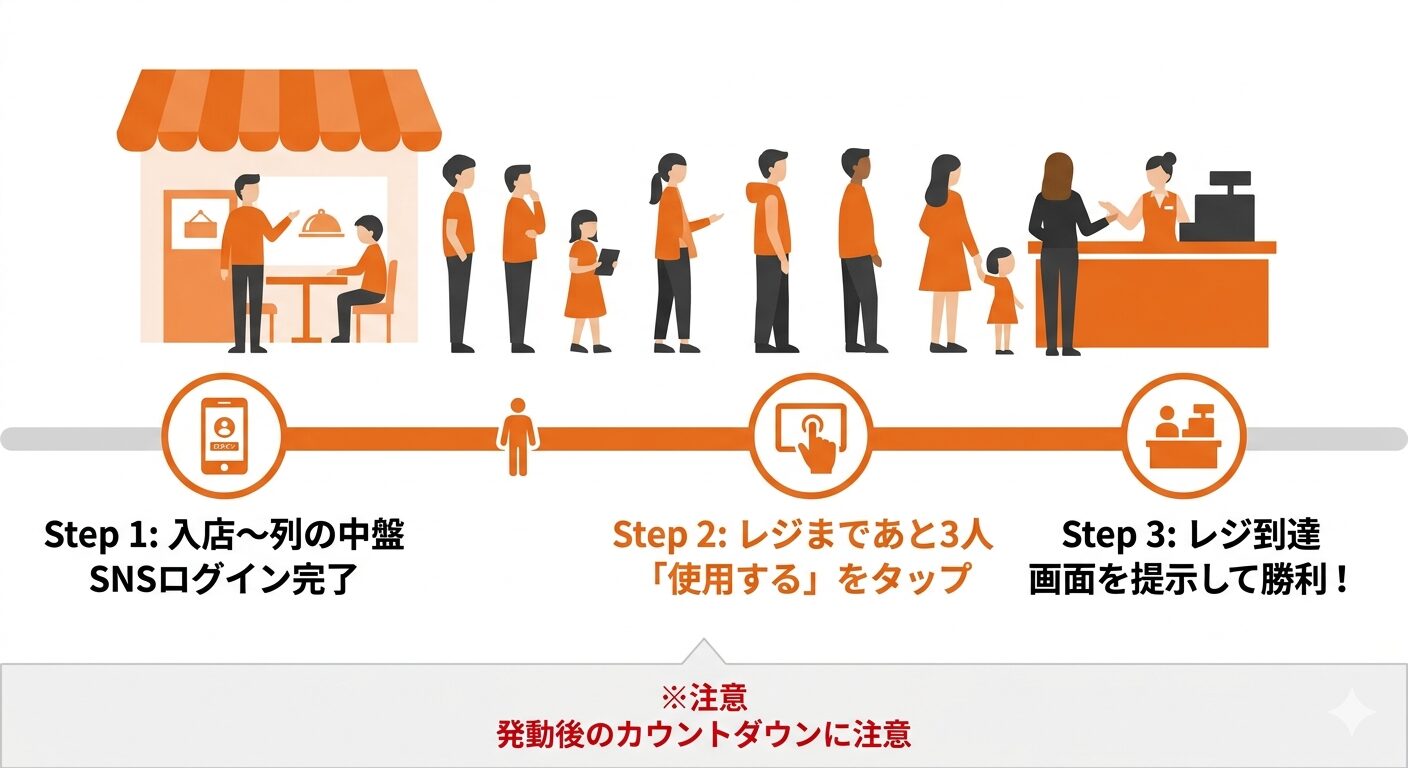 はなまるうどんアプリの「クーポン有効期限」と「レジ通過」のタイミングを同期させるためのタイムライン図解。SNSログインによる登録時間短縮から、レジ直前でのクーポン発動までの論理的な流れを説明しています。 