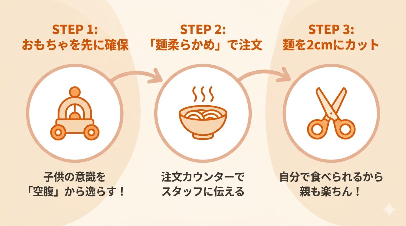 3歳児連れのはなまるうどんでの注文フロー図。「選べるおもちゃ」を先行確保することで「待ち時間のぐずり」を予防し、「麺のカスタマイズとカット」によって「3歳児の咀嚼力」に適合させるという、完食と平和を両立させるプロセスを説明しています。