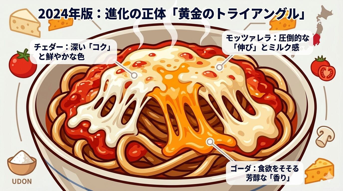 2013年版から進化した2024年版ピザうどんの3種チーズ（モッツァレラ、チェダー、ゴーダ）の役割図。単一チーズだった旧作に対し、新作は3種のチーズが相乗効果を生む「進化」の関係にあることを示している。