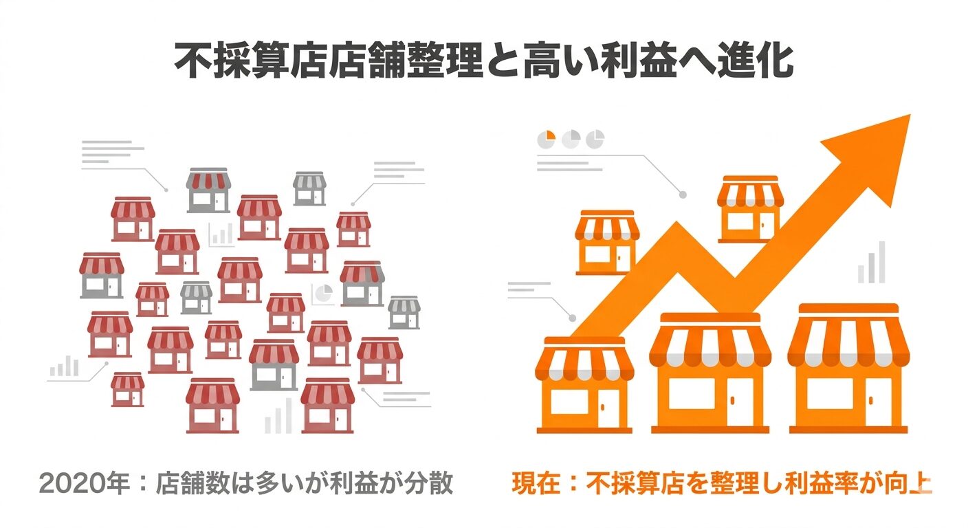 吉野家ホールディングス(親会社)による戦略的撤退の結果、はなまるうどんの店舗数と営業利益率が「逆相関」から「収益性向上」へと転換した論理構造を示す図解。