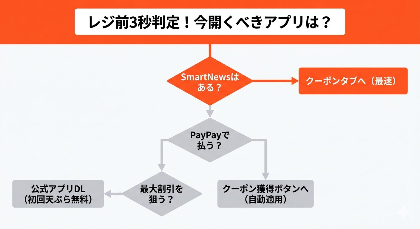はなまるうどんのクーポン利用における、保有アプリ別の意思決定フローチャート。起動速度に優れる「SmartNews」と、初回特典が最大の「公式アプリ」、自動適用される「PayPayクーポン」の競合・使い分け関係を視覚化し、レジ前での最速の選択を支援する図解。