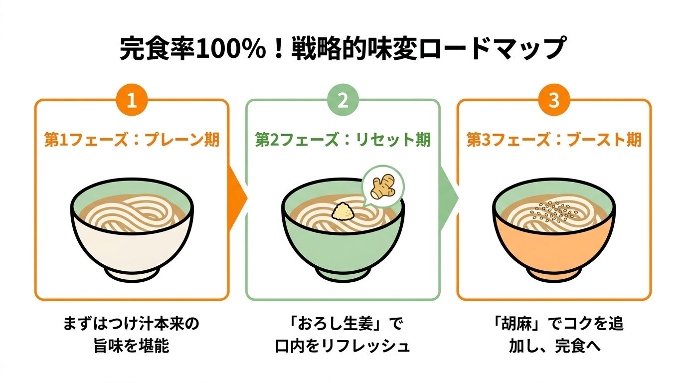 はなまるうどんのメガサイズ（3玉）を完食するための戦略的ロードマップ。「うどん重量（900g）」の負担を、「おろし生姜」による「リセット効果」で中和し、最後まで飽きずに完食させる論理的プロセスを図解。